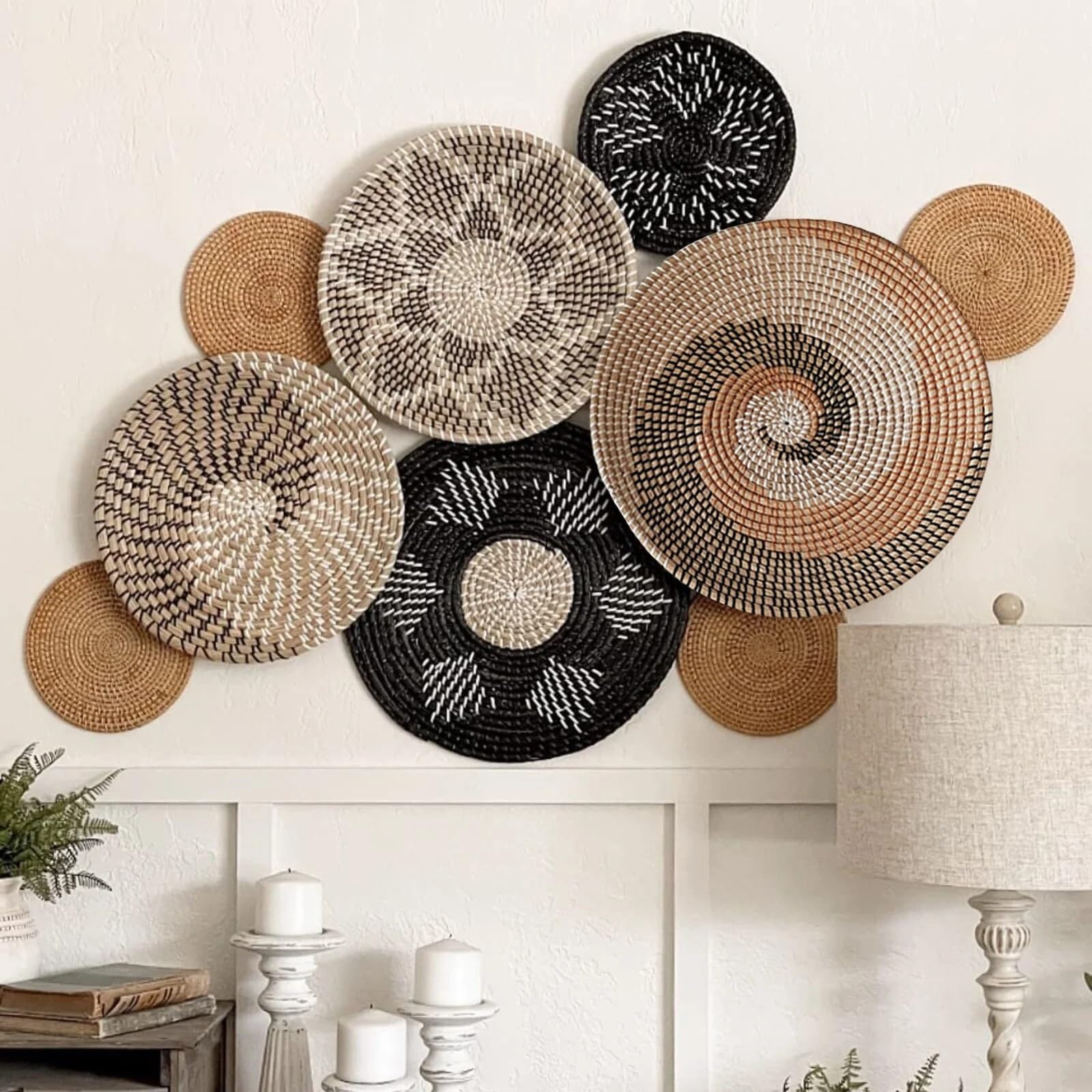 Betthusse aus Baumwolle 9PCS Wanddekoration Rattan Wanddekoration Korbgeflecht Wanddekoration Hängender Wandkorb Korbgeflecht Wandtablett for Wohnzimmer