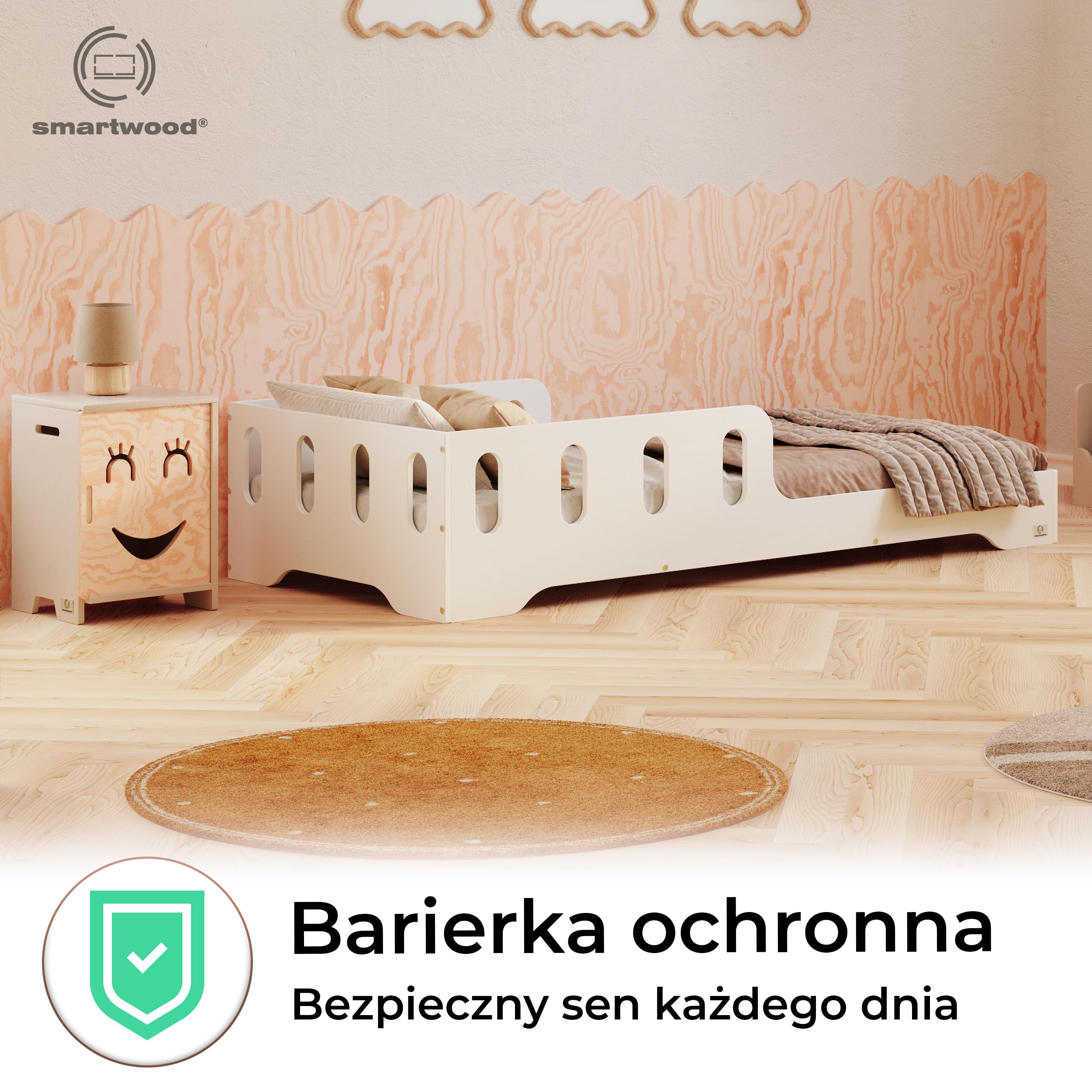 smartwood Łóżko dziecięce 90x200 z barierką, Drewno, Biały, TILA 6 | Łóżko dziecięce Montessori, stelaż do 230 kg, certyfikat FSC, zaokrąglone krawędzie, łatwy montaż, od 3 lat, 93x203x40 cm