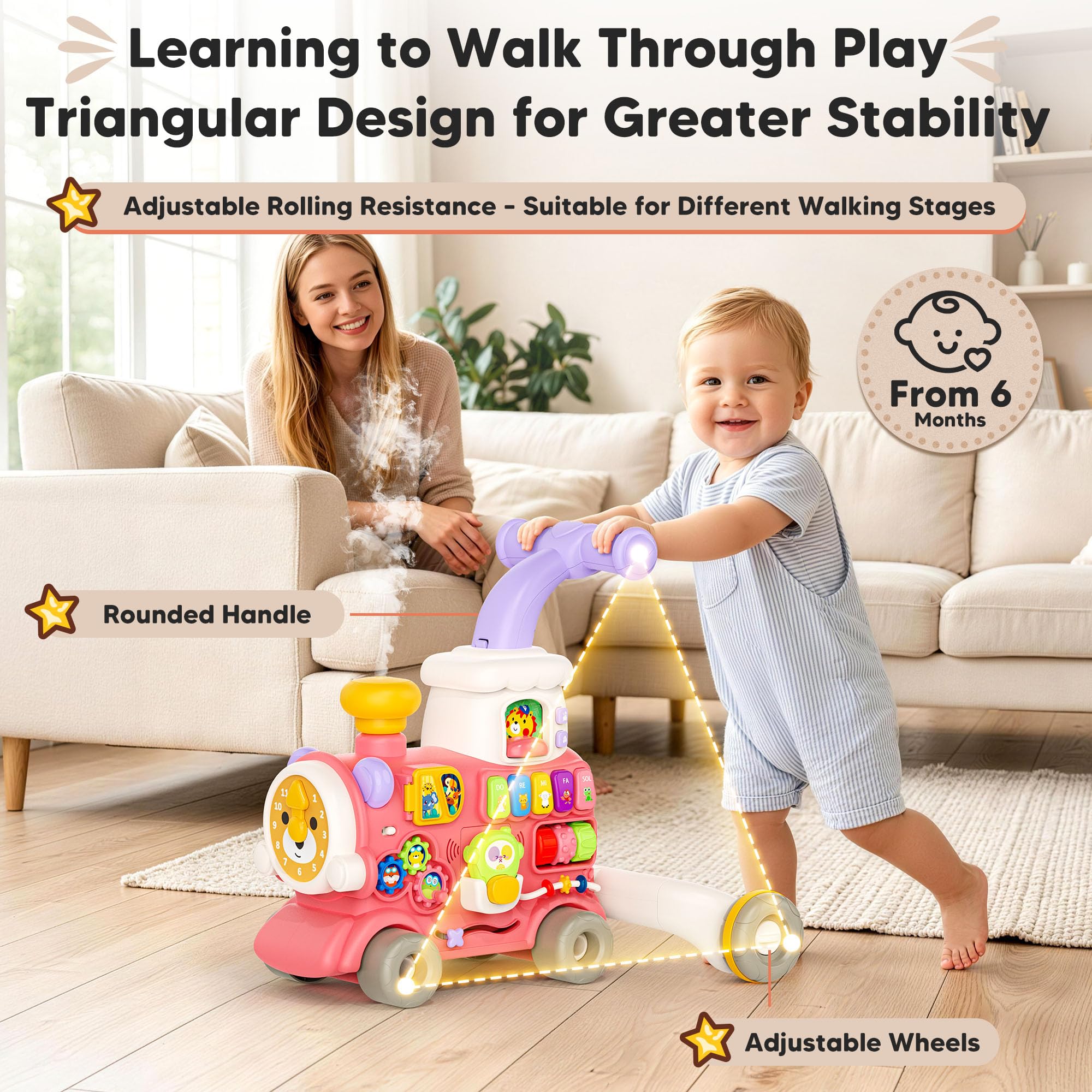 Wielofunkcyjny wózek do nauki chodzenia 5 w 1 od 6 miesięcy, pociąg Baby Walker z centrum aktywności, muzyką i funkcją rozpylania, interaktywna pomoc w nauce chodzenia, zabawka przesuwna