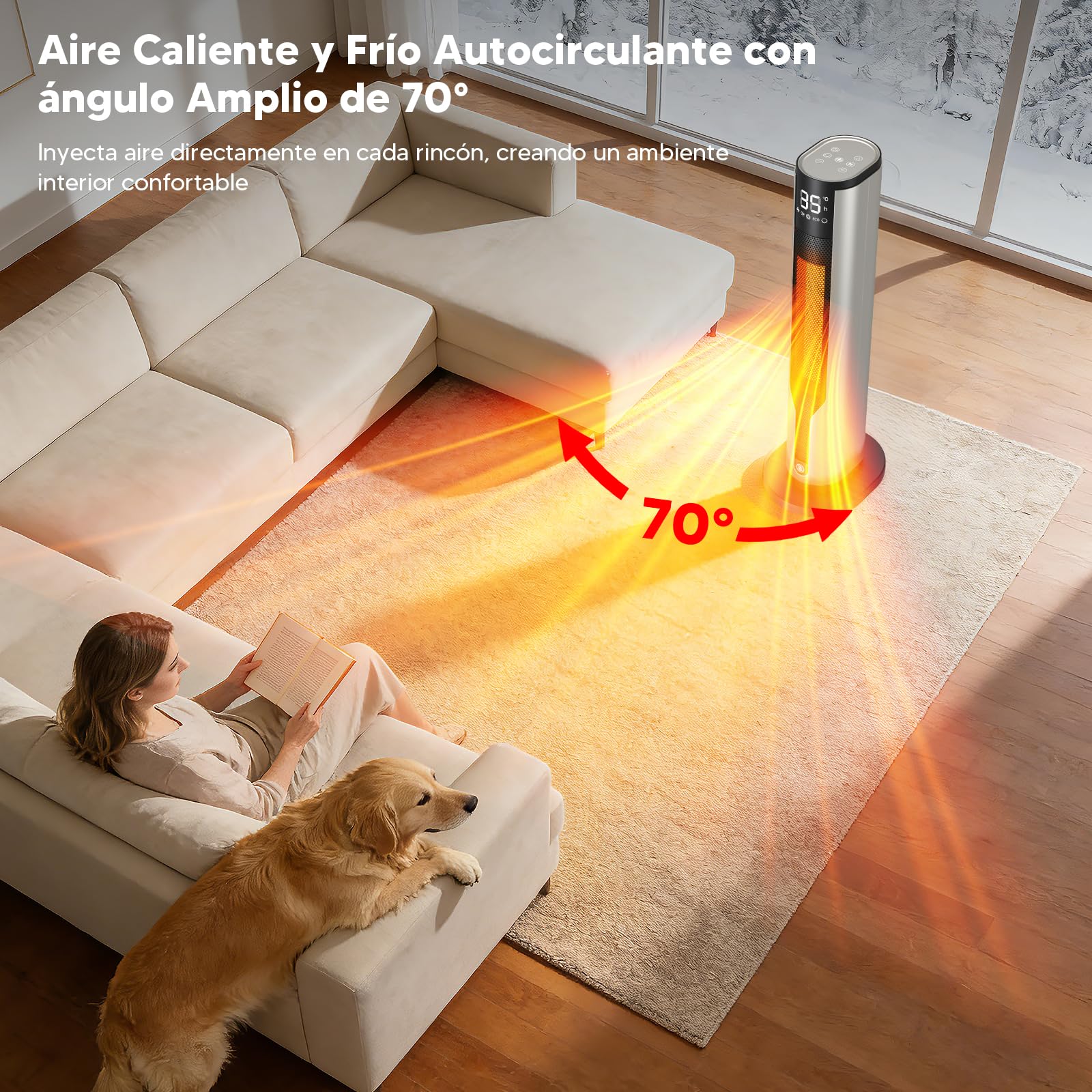 Calefactor Bajo Consumo 2000W, Calefactor Baño Portátil, Estufa Eléctrica Oscilante 70°, Calefactor Ceramico PTC con Mando de Distancia, 3 Modos, Temporizador 12h, Doble Protección de Seguridad