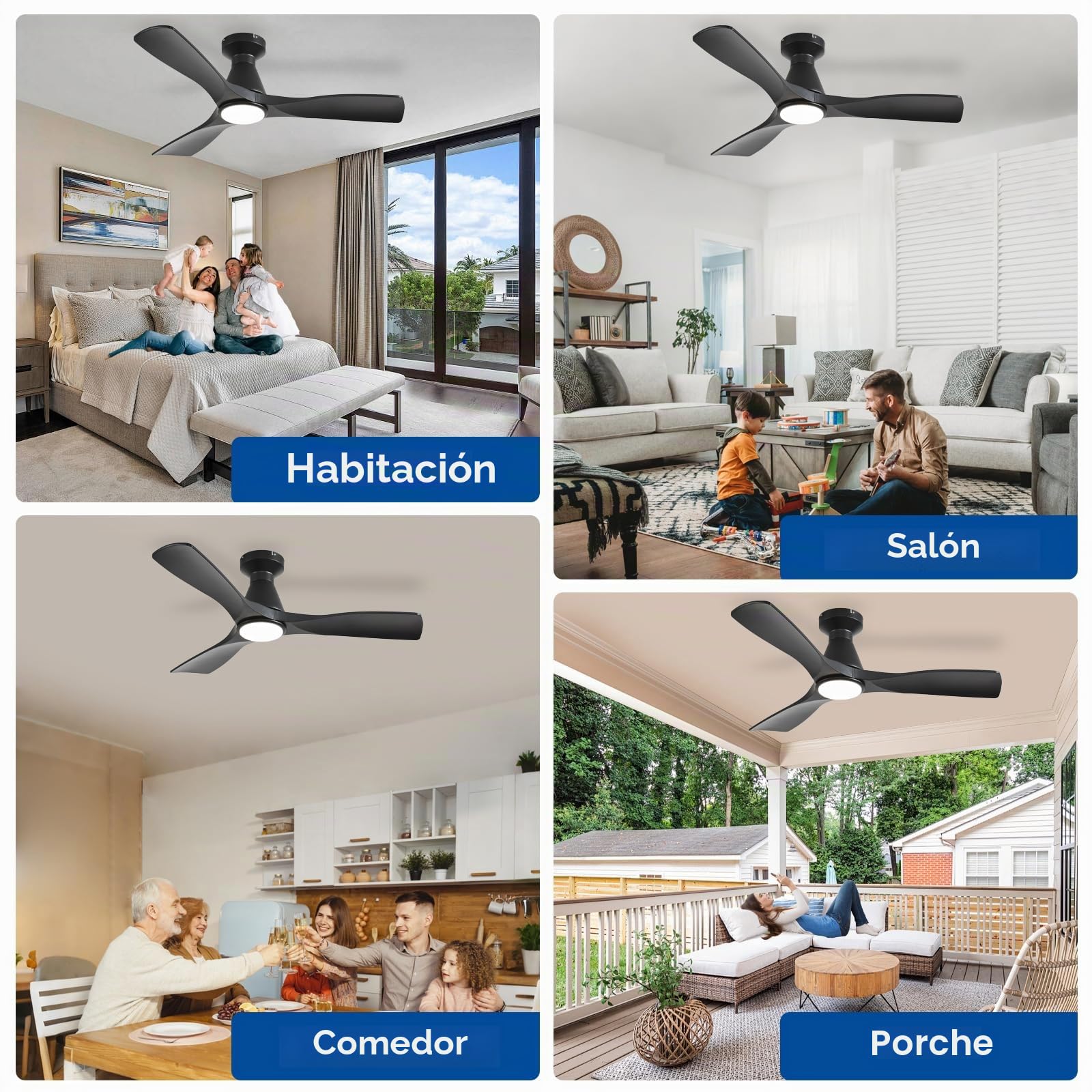 Depuley Ventiladores de techo de 42 pulgadas con luz: Ventilador de techo de perfil bajo con 3 aspas, para empotrar en la cocina - Ventilador para interior y exterior con mando a distancia,Negro