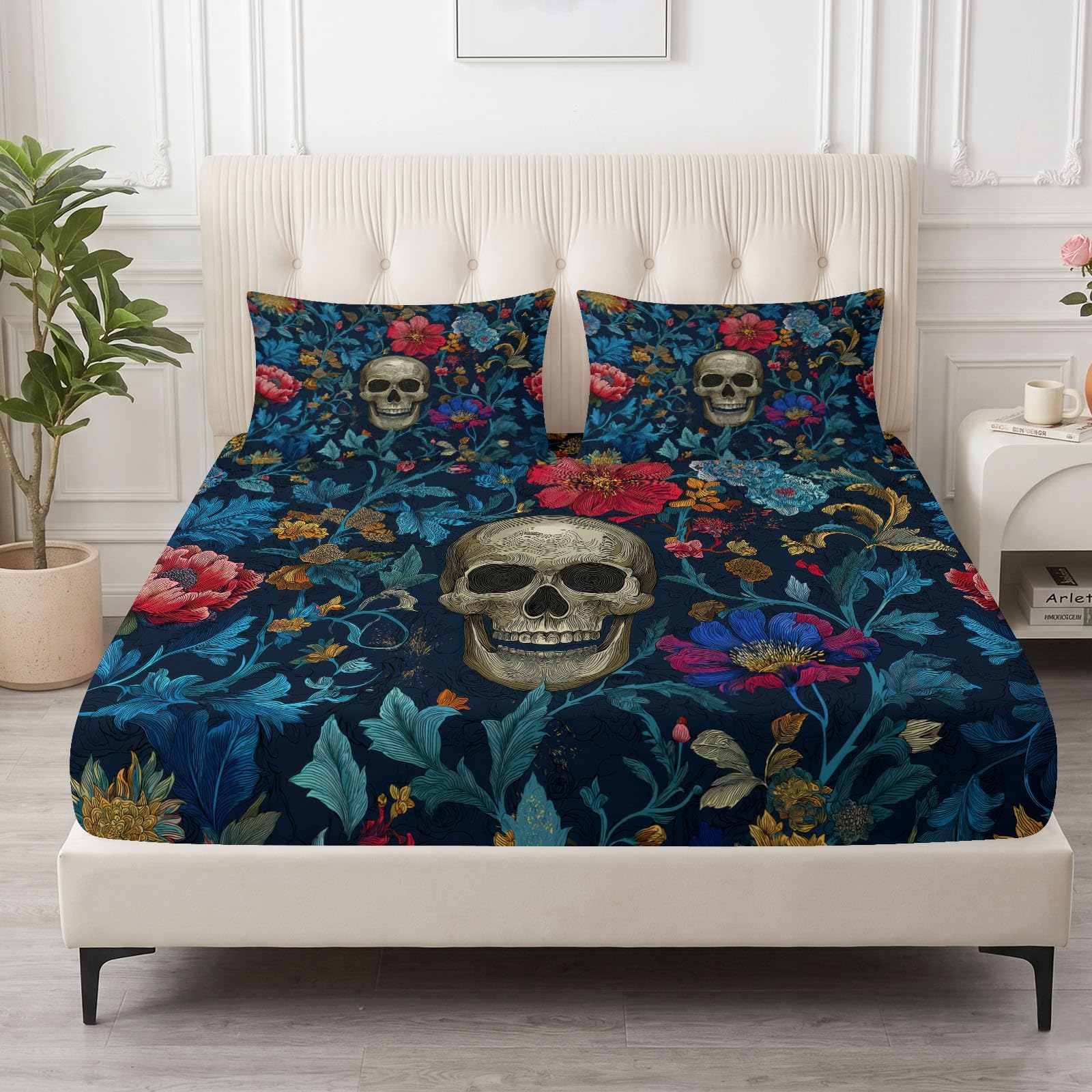 Juego de sábanas bajeras ajustables de 3 piezas, 140 x 200 cm, diseño de calavera, de microfibra, color azul gótico, suave y agradable a la piel, transpirable, hipoalergénica, para colchones de hasta