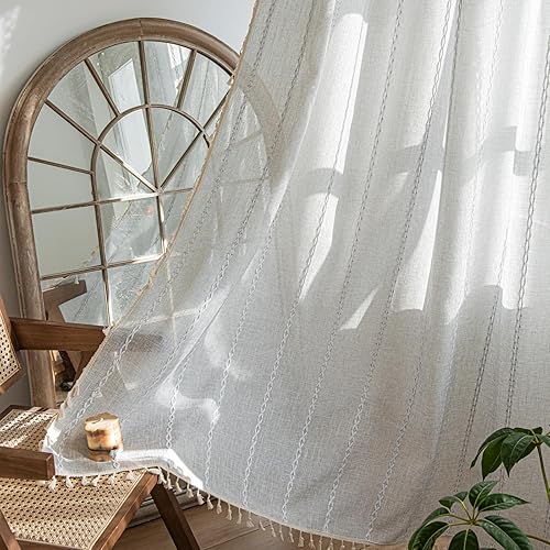Miniatura 55 de Deeprove Cenefa Bohemia Blanca con Borlas para Decoración de Cocina y Cafetería, Cortinas Cortas de Algodón y Lino Crema Estilo Bohemio Rústico,