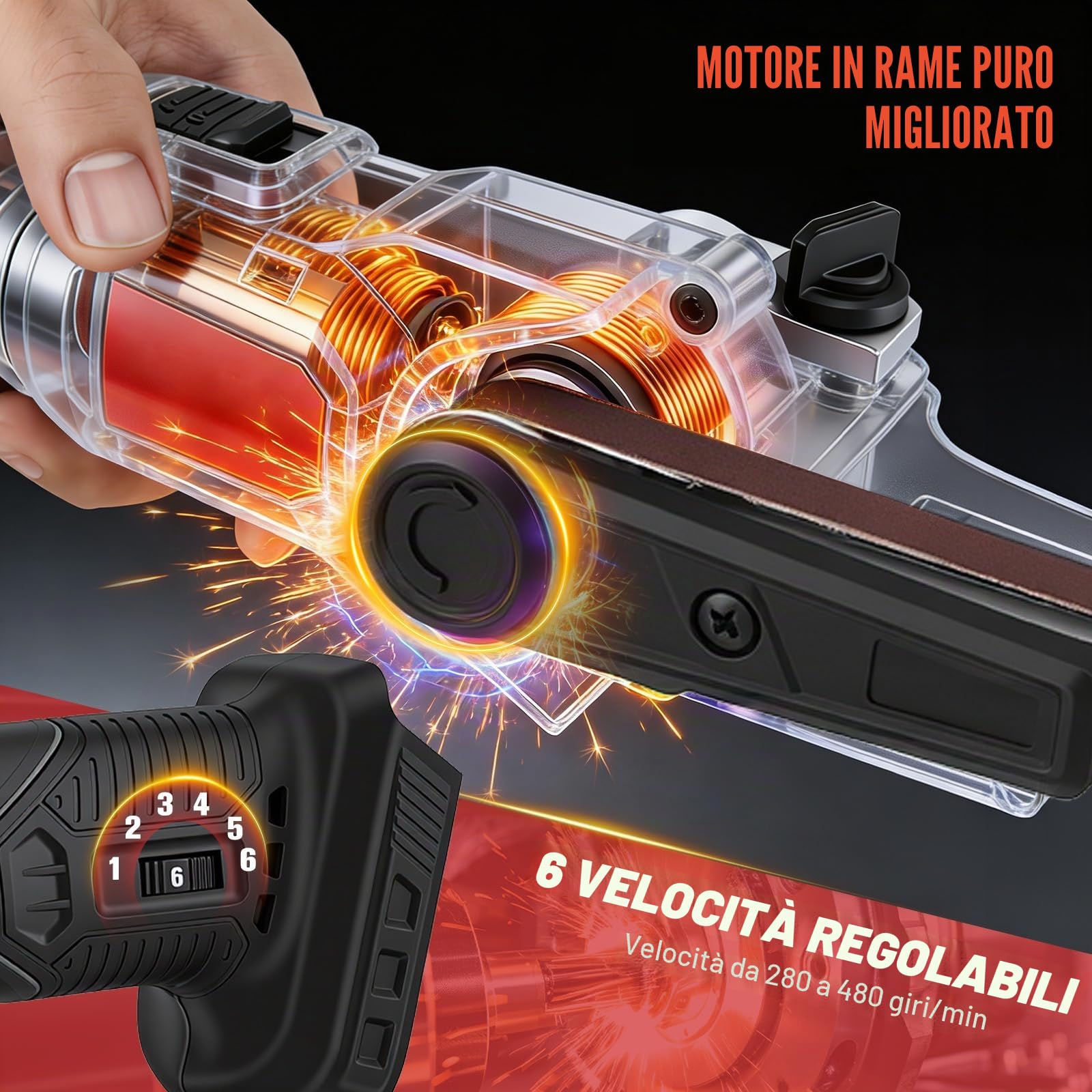 Levigatrice a nastro a batteria compatibile con Ma-kita 18V, lima a nastro senza spazzole con bracci di levigatura da 10 mm 16 nastri abrasivi 6 livelli di velocità e nastro abrasivo orientabile a 35°