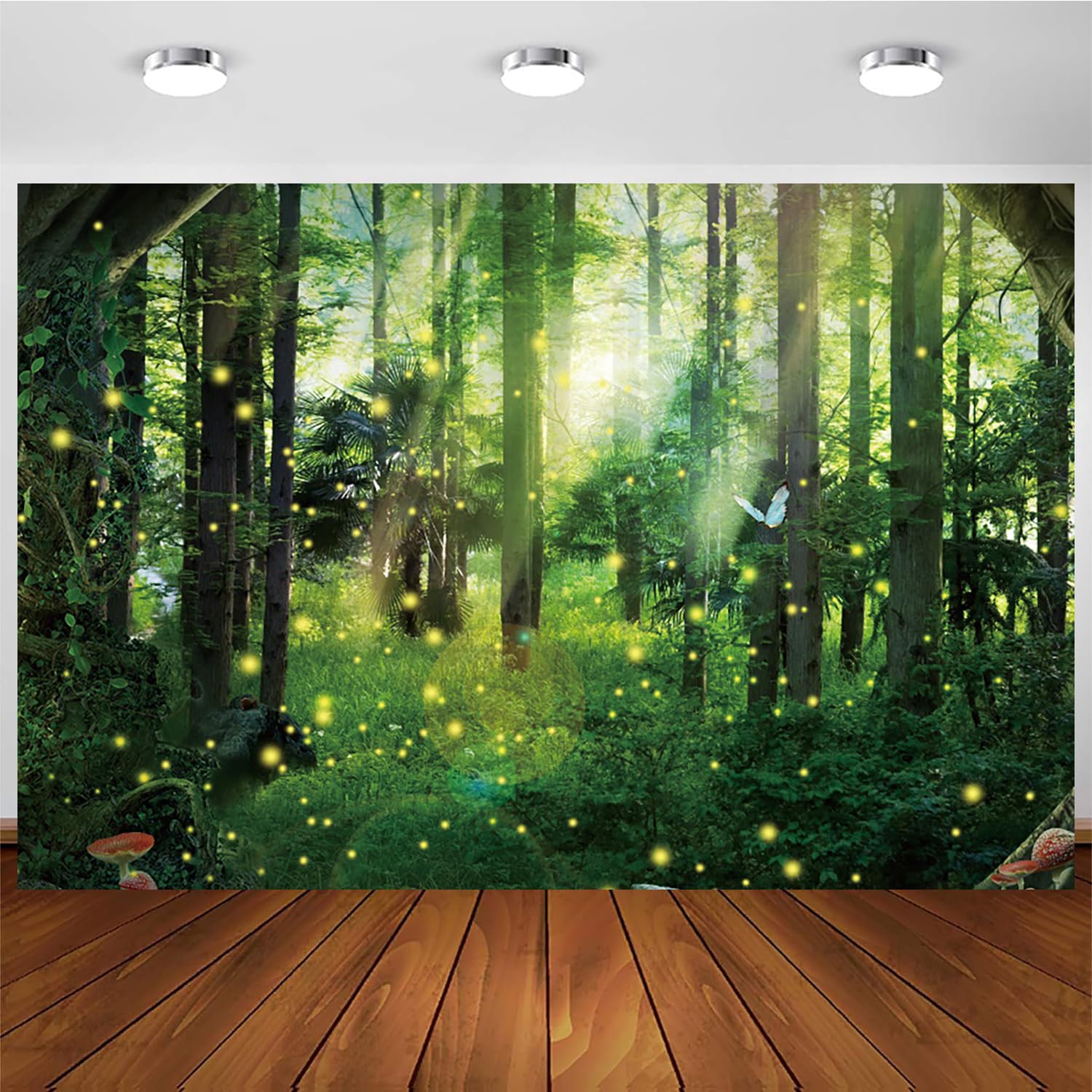 3x2m Fotohintergrund Zauberwald Magisch Fantasie Woodland Sonnenlicht Grüner Baum Schmetterling Fotografie Hintergrund Baby Shower Dschungel Safari Thema Party Dekorationen