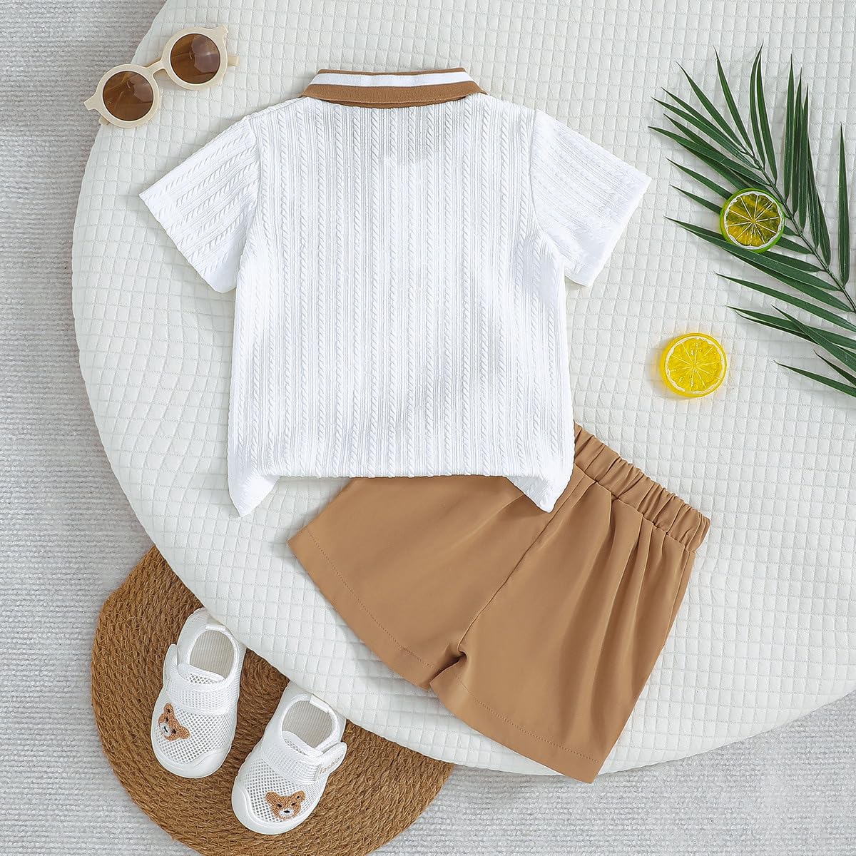 Ensemble Vêtements pour Bébés Garçons Été Tenues Polo Ours Mignon à Manches Courtes Short à Boutons et Poches 2Pcs Printemps Vêtements - 4