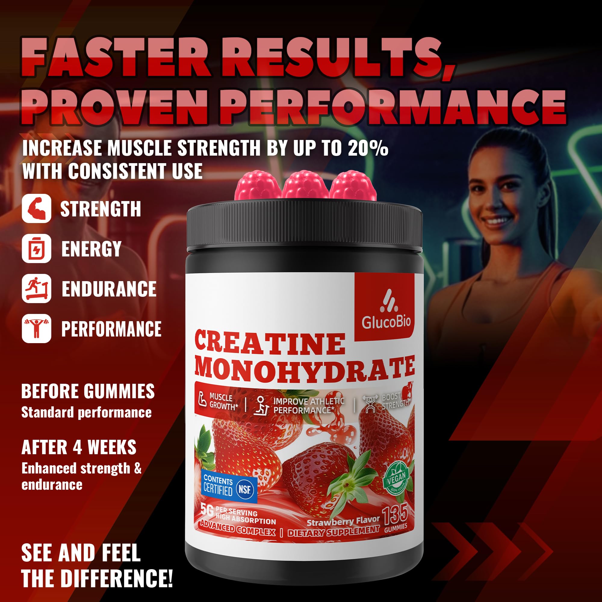Creatine Monohydrate Gummies (5g) – Pre-Workout Energy & Muscle Growth Support for Men & Women | Strawberry Electrolyte Gummies (135 Count) — Amazon image 7