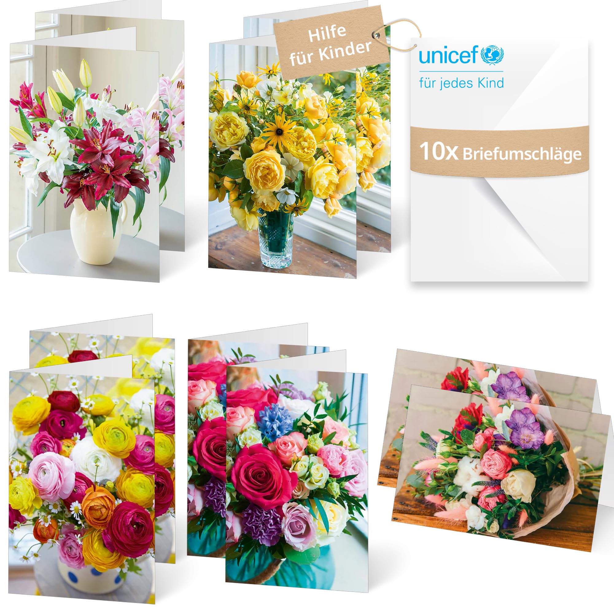 Unicef Grusskarten Set Blumenarrangements | 10 Klappkarten mit Umschlägen | Blumen Karte | pro verkauftem Set wird Kindern geholfen | klimaneutral produziert in Deutschland
