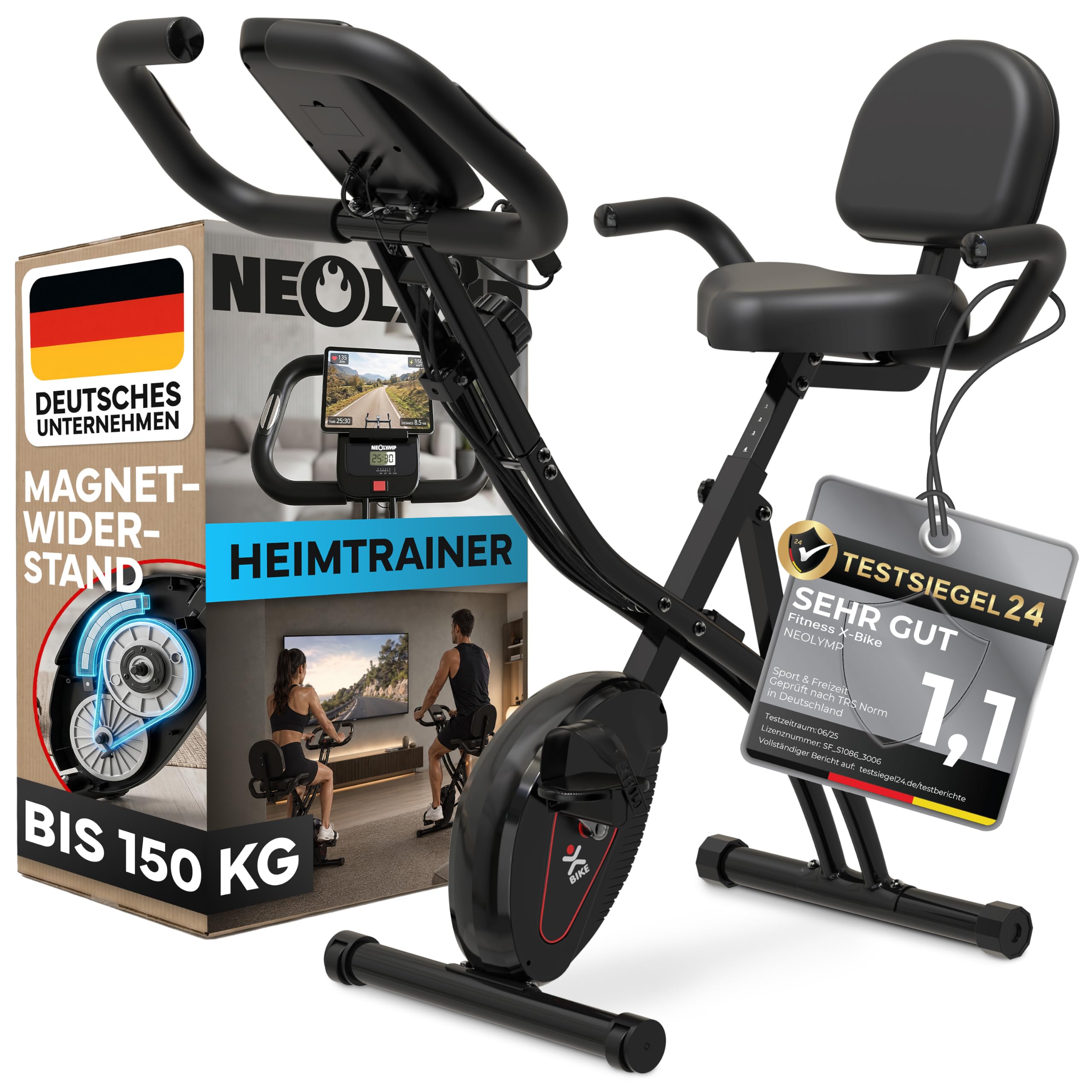 NEOLYMP Heimtrainer Fahrrad Klappbar - leises Cardio-Training bis 150 kg - 8 Stufen, Pulsmesser, Tablet-Halter - extra stabil & wackelfrei - Hometrainer Ergometer Indoor Bike Spinning Trimmrad