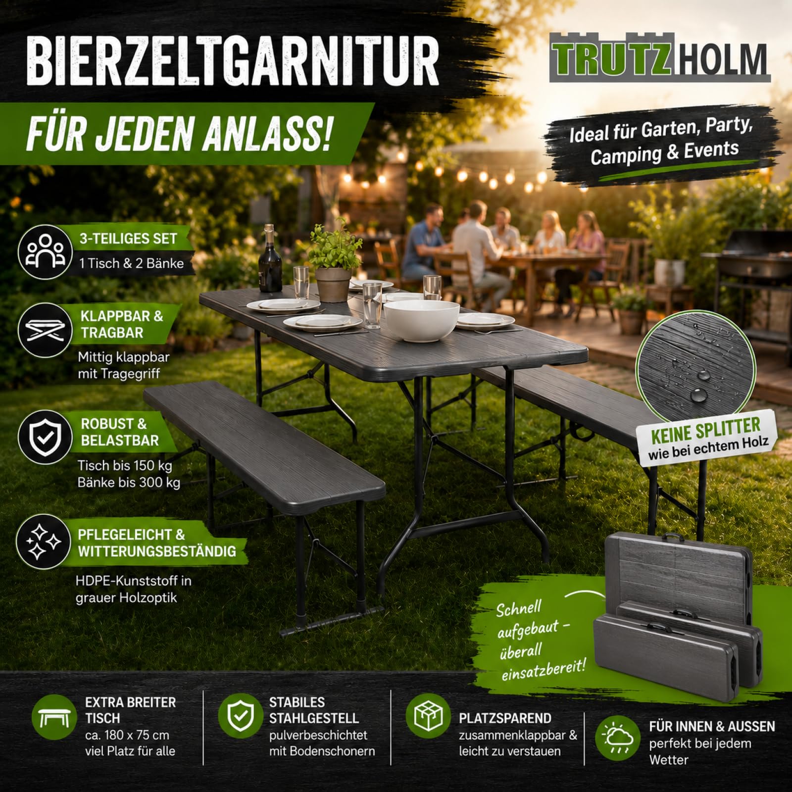 TRUTZHOLM Bierzeltgarnitur in Grauer Holzoptik Festzeltgarnitur 180x75cm klappbar Gartenmöbelset 2 Bierbänke 1 Tisch Campingbedarf Gartenparty Balkon Garnitur