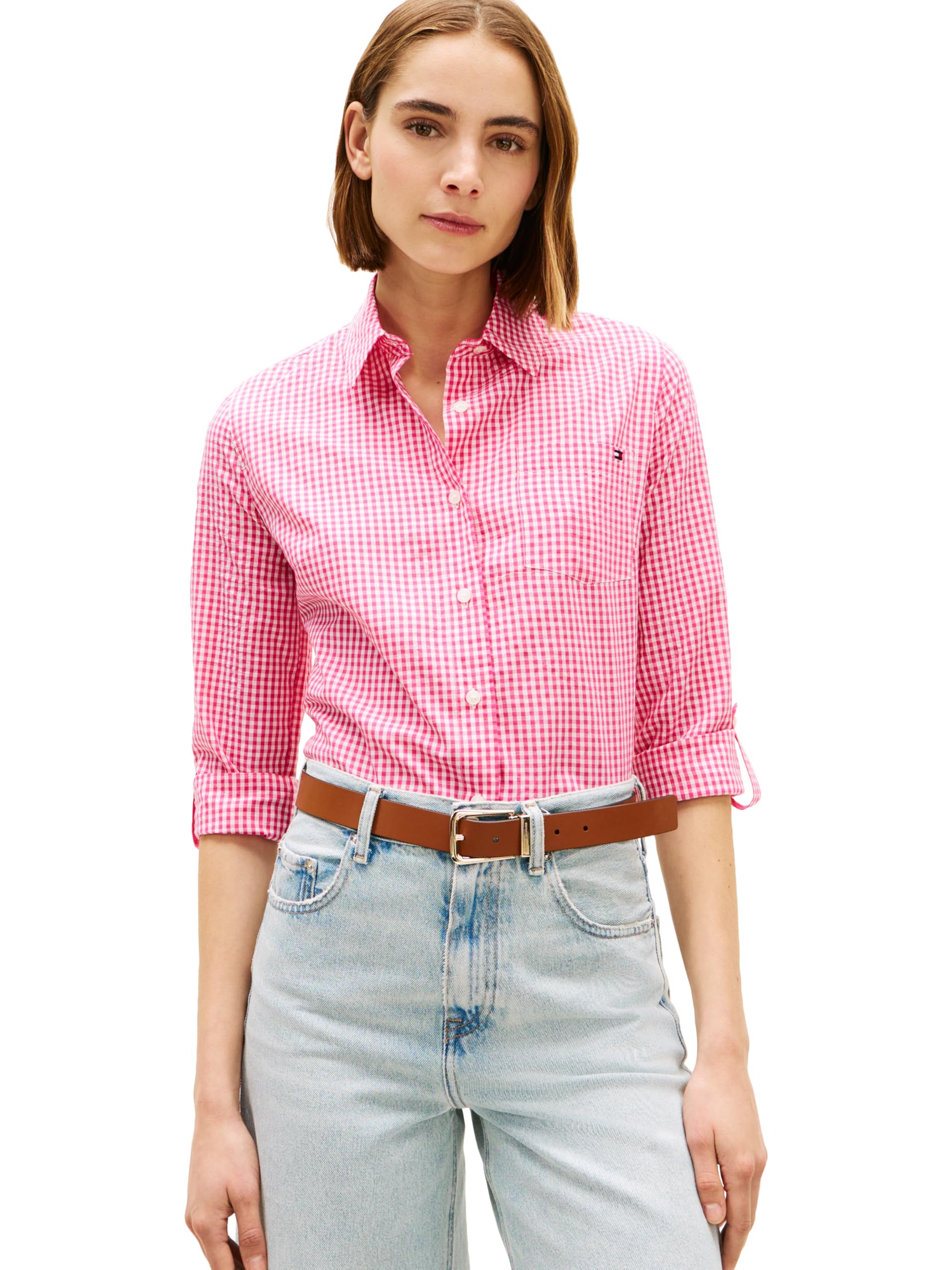 Women's Cotton Poplin Long Sleeve Button Down Shirt in Regular Fit with Roll Up Sleeve