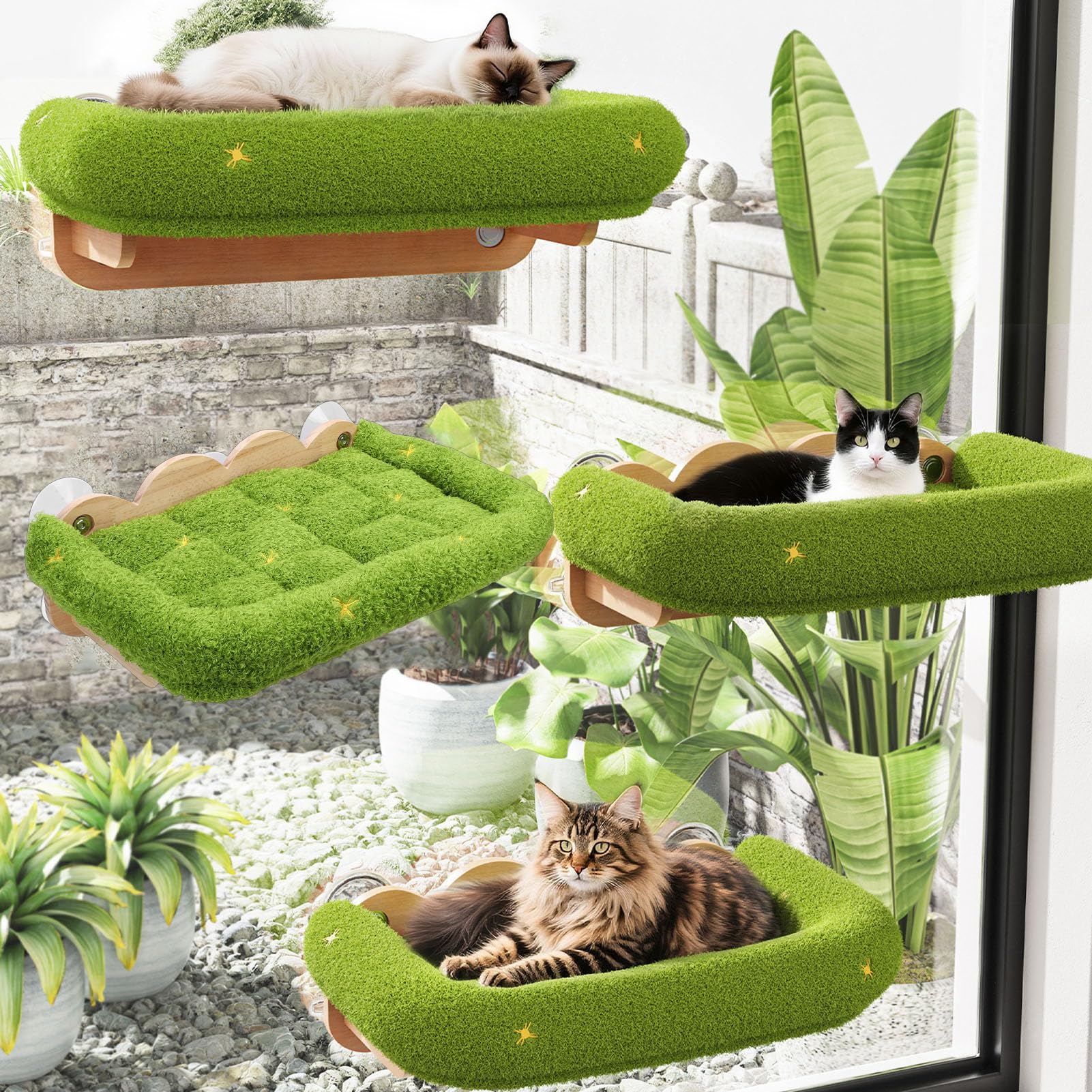 HEEPDD Amaca da Finestra per Gatti, Robusta Struttura in Legno Massello con Morbido Tappetino da Arrampicata, Design a Ventosa per Gatti su Cui Arrampicarsi e Rilassarsi, Lettino da