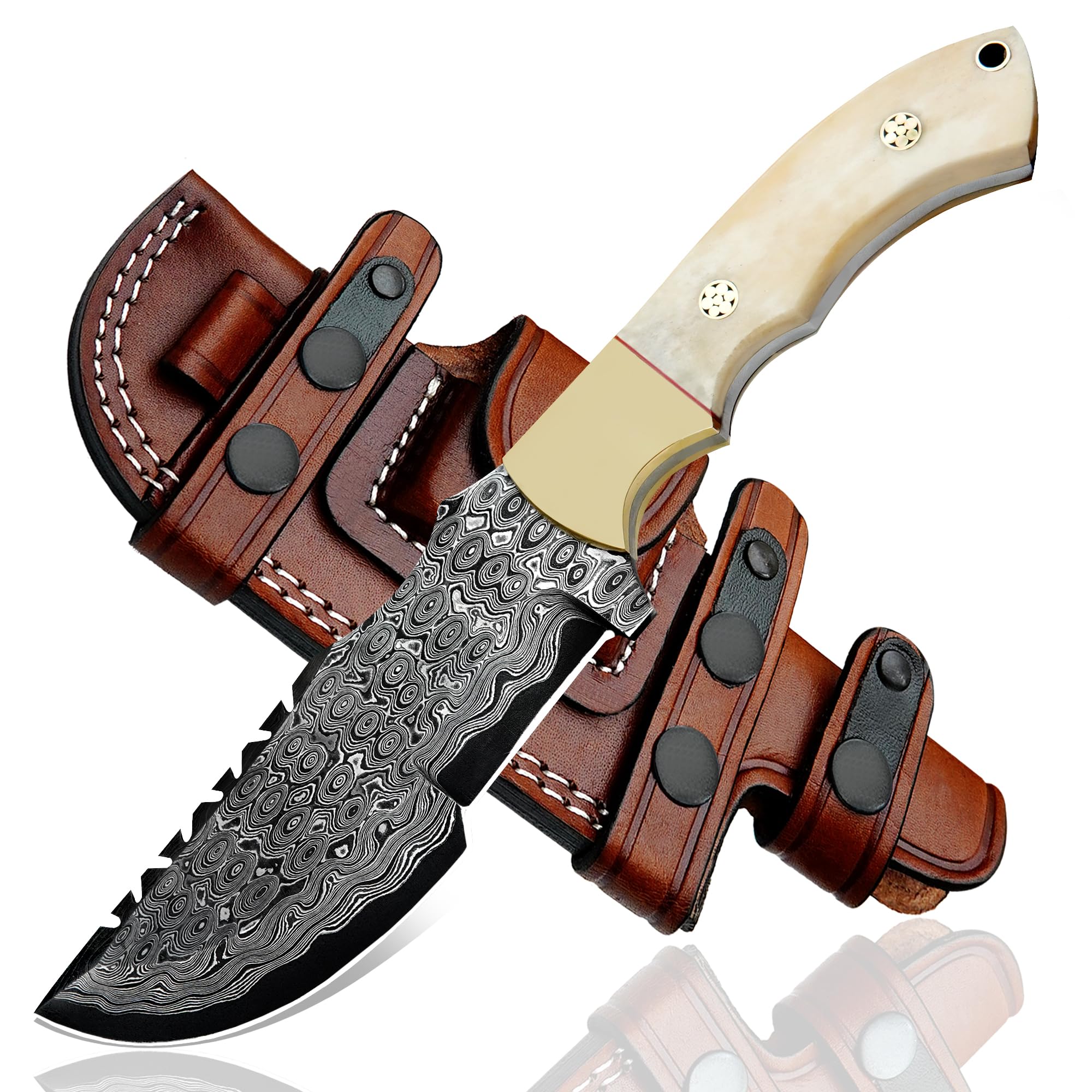 Ottoza Handmade Damascus Hunting Knife with Sheath - Fixed Blade Camping & Survival Knives for Men, Horizontal Carry Tracker-Style Outdoor Gifts for Men 115