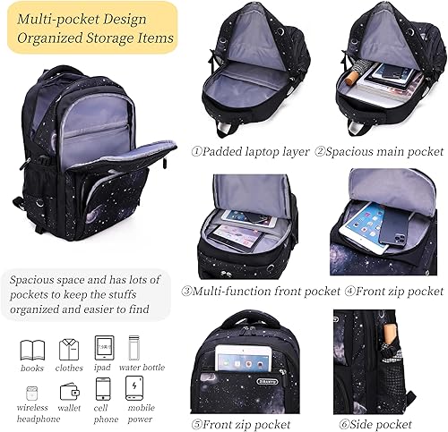 Miniatura 5 de Mochilas con ruedas para niños, mochila con ruedas para escuela, bolsas de carrito con ruedas y bolsa de almuerzo, negro, (Black-Starry Sky),