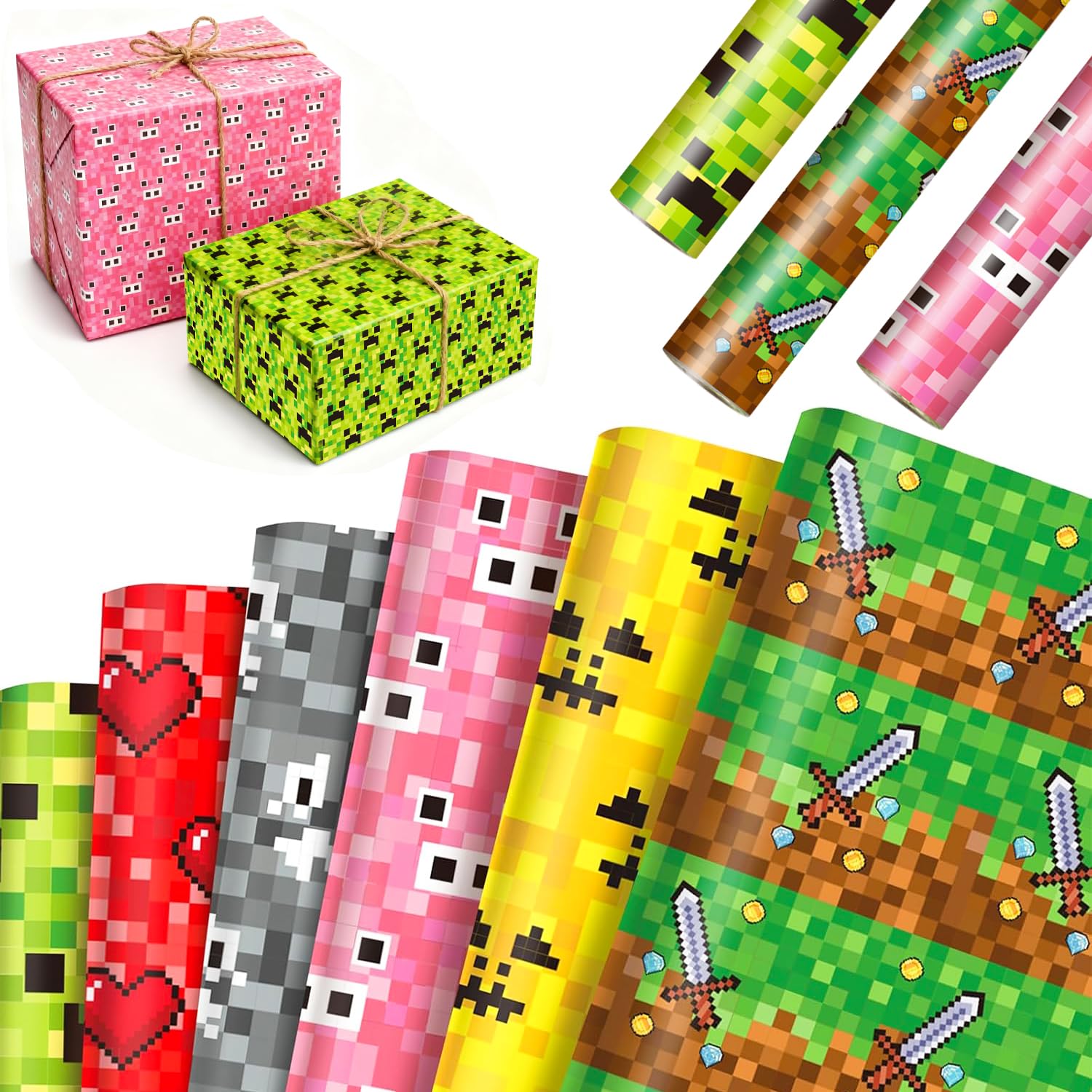 12 Sheets Pixel Gift Wrapping Paper, 68 x 51cm, 6 Style Designs