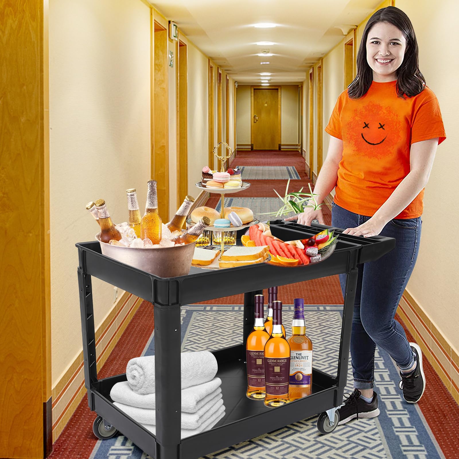 Garvee Carro de Servicio de 2 Niveles, Carro Utilitario Carga Pesada 227 kg, 2 Bandejas 91x61 cm, Ruedas Giratorias 12,7 cm con Freno, Mango Ergonómico para Almacén/Garaje/Hotel/Restaurante, Negro