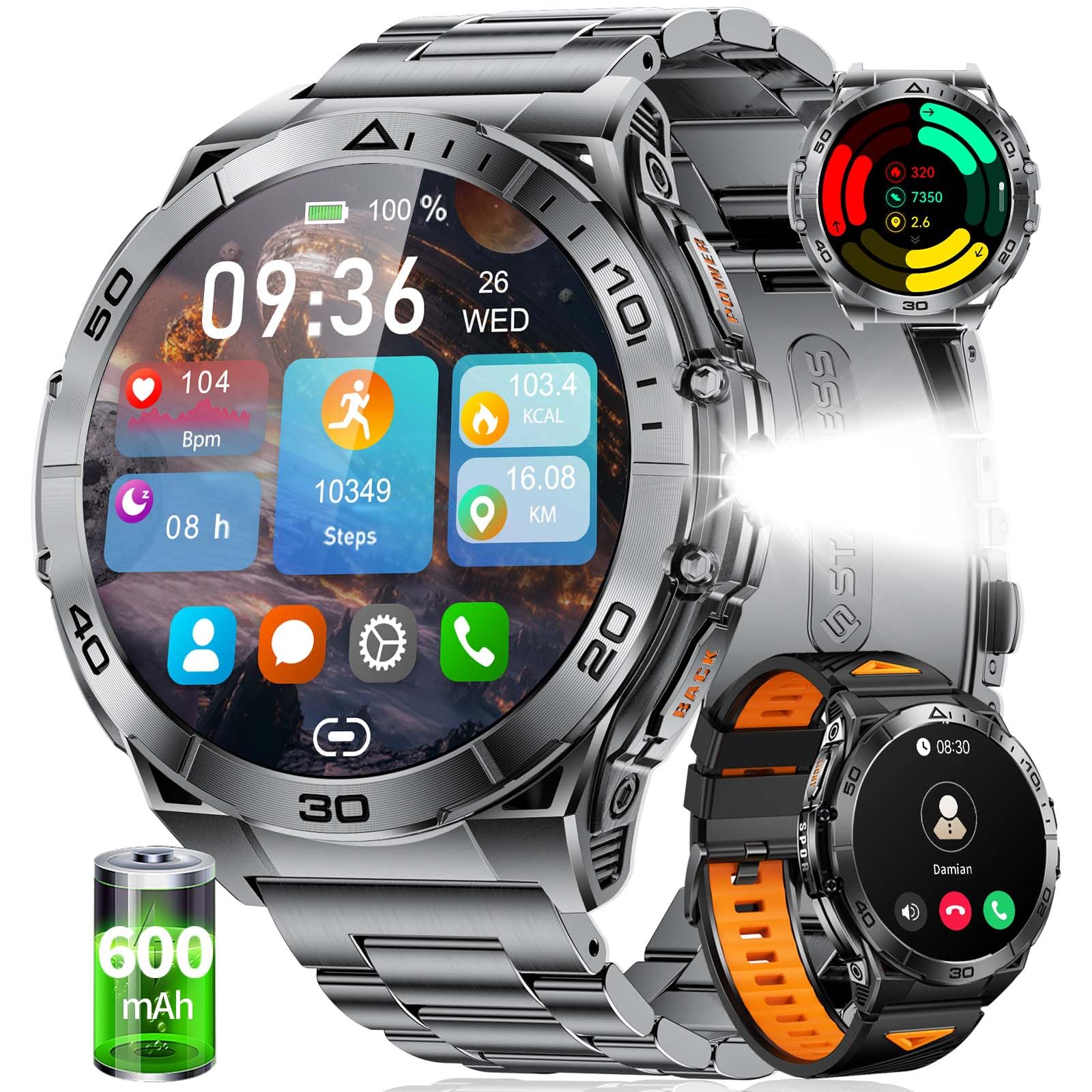 HIRREO EF16 Smart Watch for Men (Answer/Make Calls), 1.6" AMOLED HD Fitness Watches with LED Flashlight, 600mAh Battery/2 Straps/100+ Sports/IP68