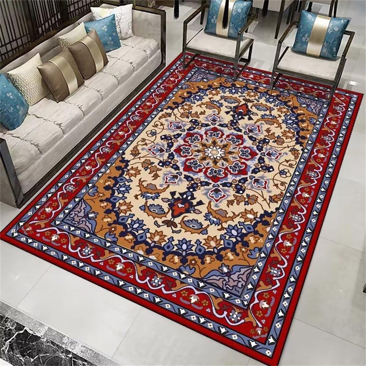 Tapis chambre fille rouge 60x120cm avec motif plante et style traditionnel