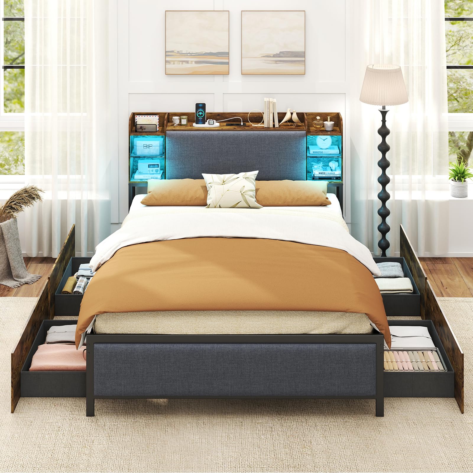 COSTWAY Double/King Size Bed Frame with LED Lights, Charging Station, Storage Headboard & 4 Drawers, 4FT6/5FT Industrial Metal Platform Bed Frame Slats Support Mattress Foundation (Double-135x190cm)