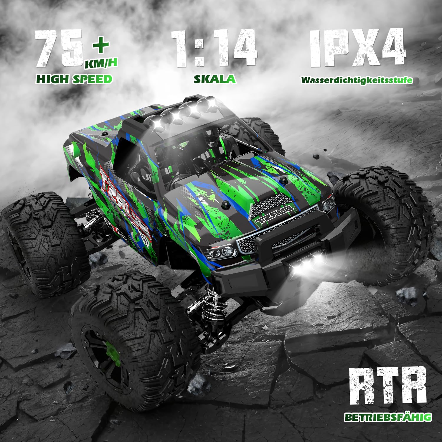 Zdalnie sterowany samochód, 1:14 RC Auto Brushless 75+ km/h, offroad, 4WD RC Car szybki z 7 lampkami, 2 akumulatory, 2,4 GHz, zdalnie sterowany samochód terenowy od 8, 10 lat, dla dorosłych