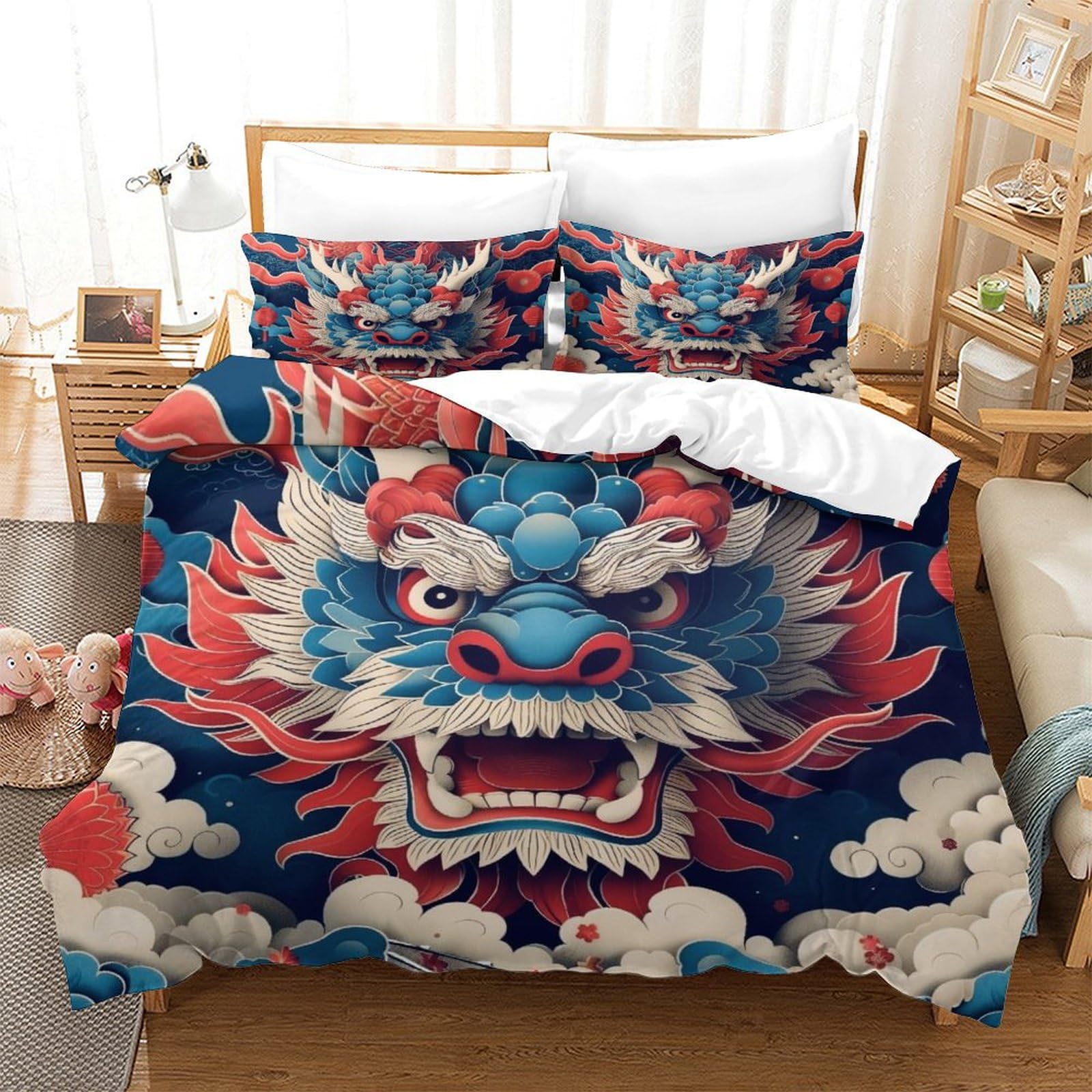 Stampato in 3D Loong cinese Copertina Stampata Microfibra Disegnata Biancheria Da Letto Con Chiusura A Cerniera Con 2 Federe,Double（200x200cm）, Per Adolescenti E Adulti