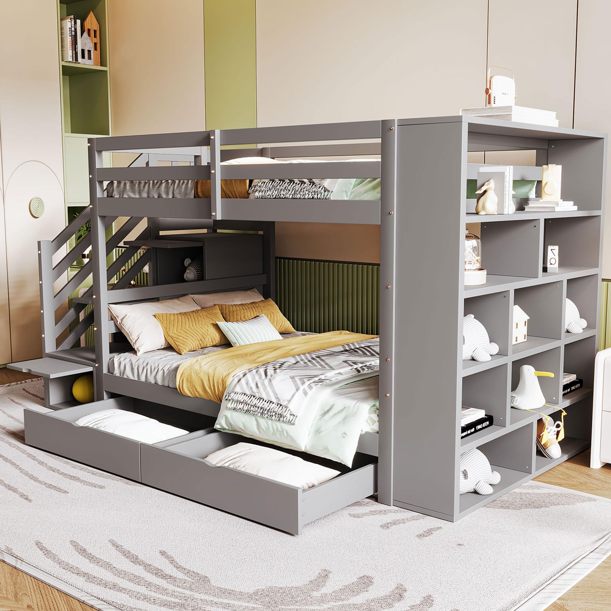 Etagenbett 90×200,Kinderbett mit Stauraum Treppe,Jugendbett mit 2 Schubladen/großen Schließfächern/Sicherheitszaun Kiefernbett mit Lattenrost,ohne matratz (Grau)