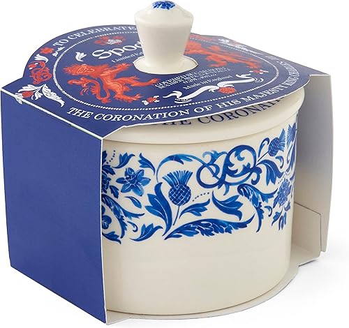 Portmeirion Inicio y regalos Spode King Charles III Coronation - Azucarero cubierto con tapa de 9.5 fl oz, patrón azul y blanco fabricado en el