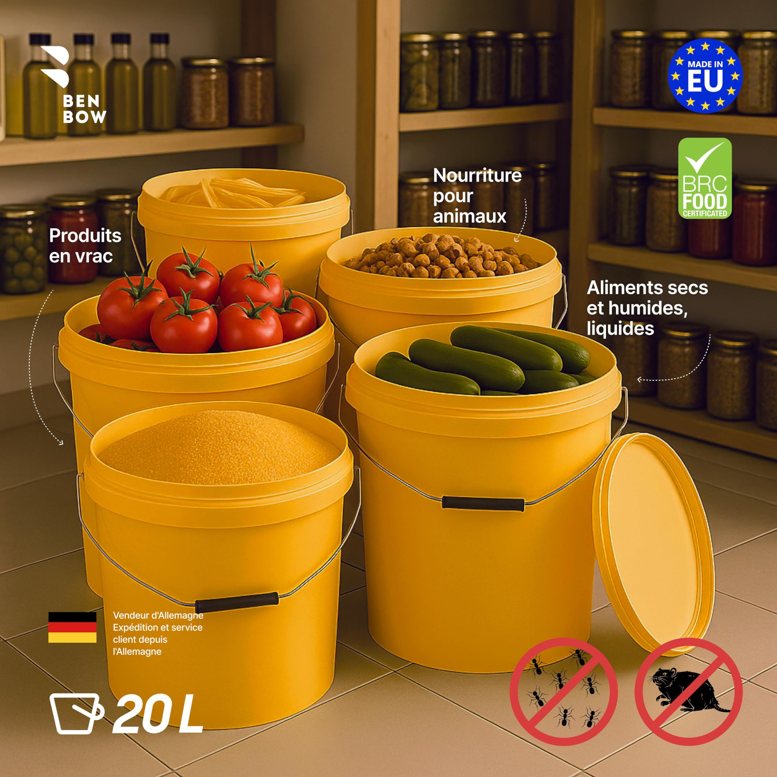 BenBow Seau avec Couvercle 20l Jaune 20x 20 Litre - Convient pour Aliments, atable, étanche à l'air, Anti-Fuite - récipient de Stockage pour Conservation en Plastique, avec Anse en métal - Vide