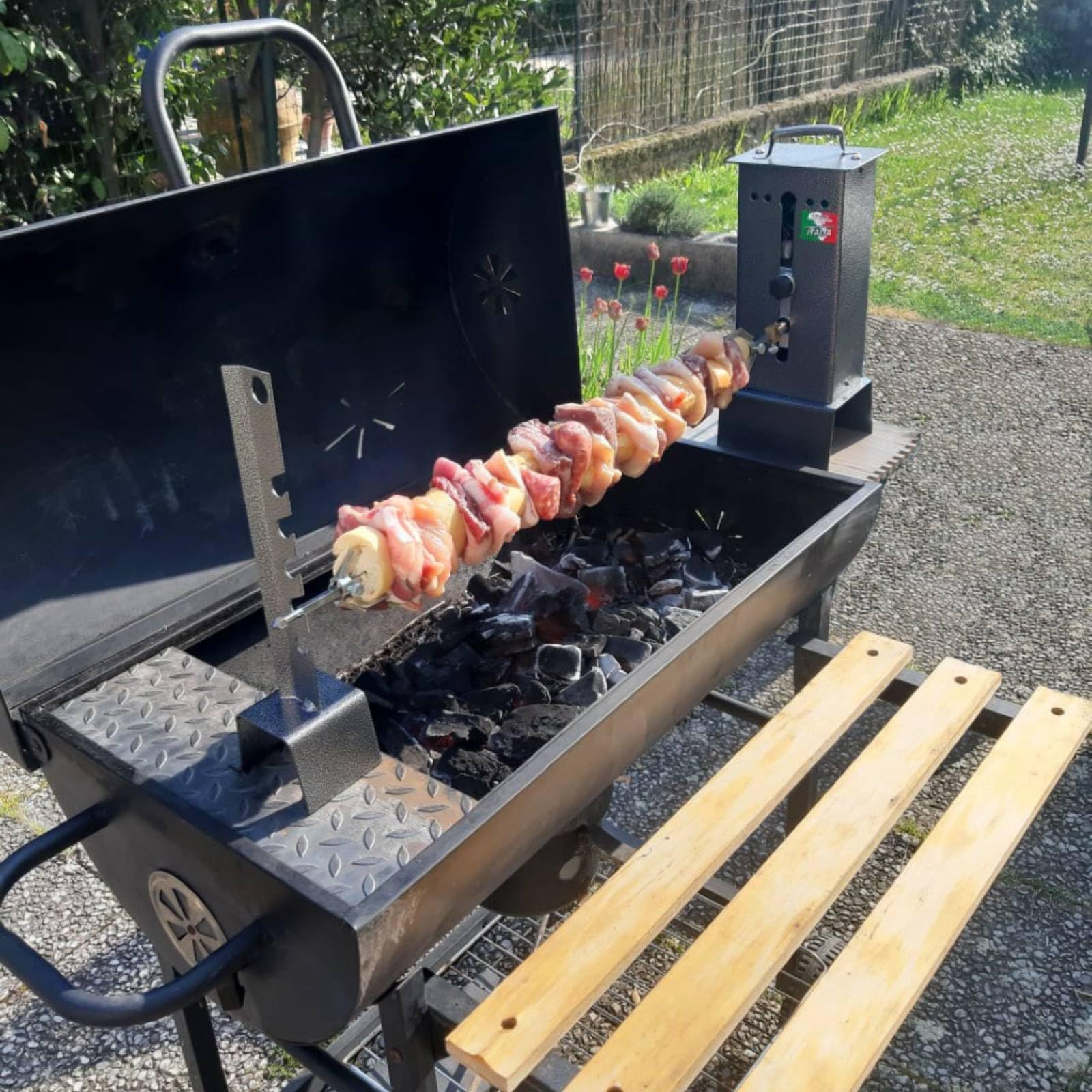 GIEMME Girarrosto da Camino o Barbecue C Registrabile, 5 W, Portata max 6 kg, 1 Spiedo 70 cm, 2 fermacarne inox