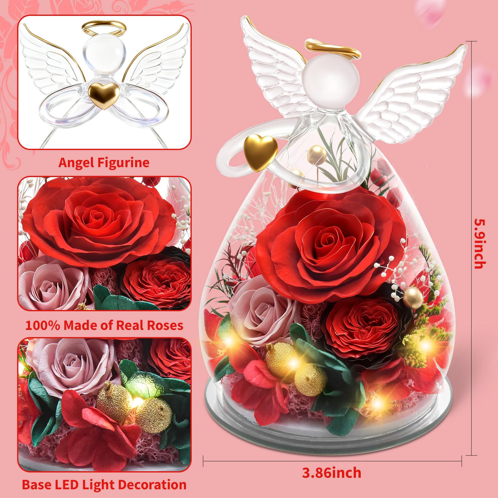 Figurine d'ange éternelle - Cadeau pour femme, maman, épouse - Anniversaire, Noël - Fleur éternelle avec éclairage LED (rouge et rose)