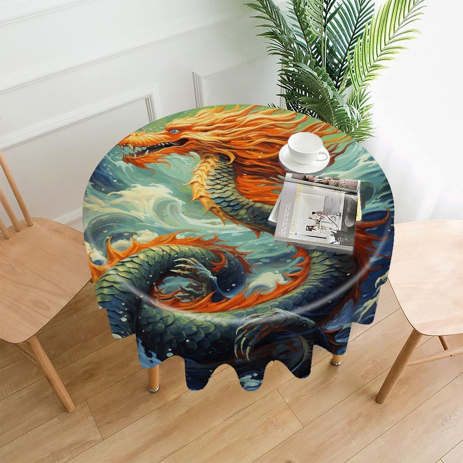 MUSM 60 Inch Chinese Dragon Oil Painting Round Tablecloth Wipeable Washable Table Cover for Kitchen and Dining Room Decorative Table Cloth for Party Holiday Picnic Outdoor