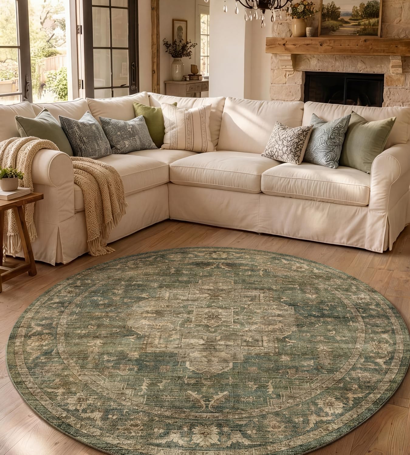Vintage Waschbarer Teppich Wohnzimmer Dunkelgrün ⌀160 cm