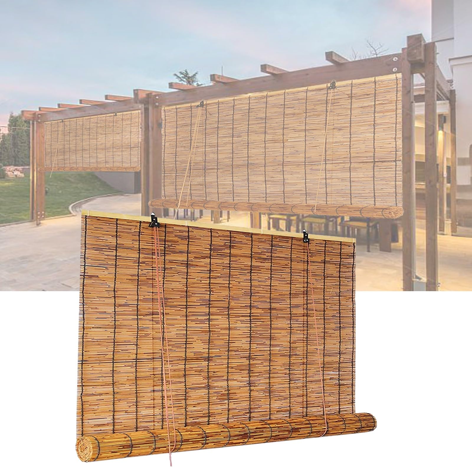 CMJYMX 70% Blackout Bamboo Blinds Breathable Roll Up Curtain, Hand-Woven Light Filtering Retro Reed Curtains Privacy Screen Suitable For Indoor/Outdoor Porch(110x290CM/43x114IN(WxH))