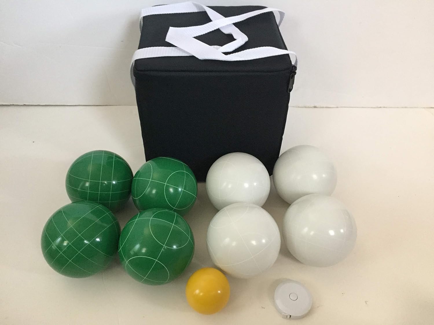 BuyBocceBalls Listing - Unique Bocce Set - 107mm with Green and White Balls, Black Bag