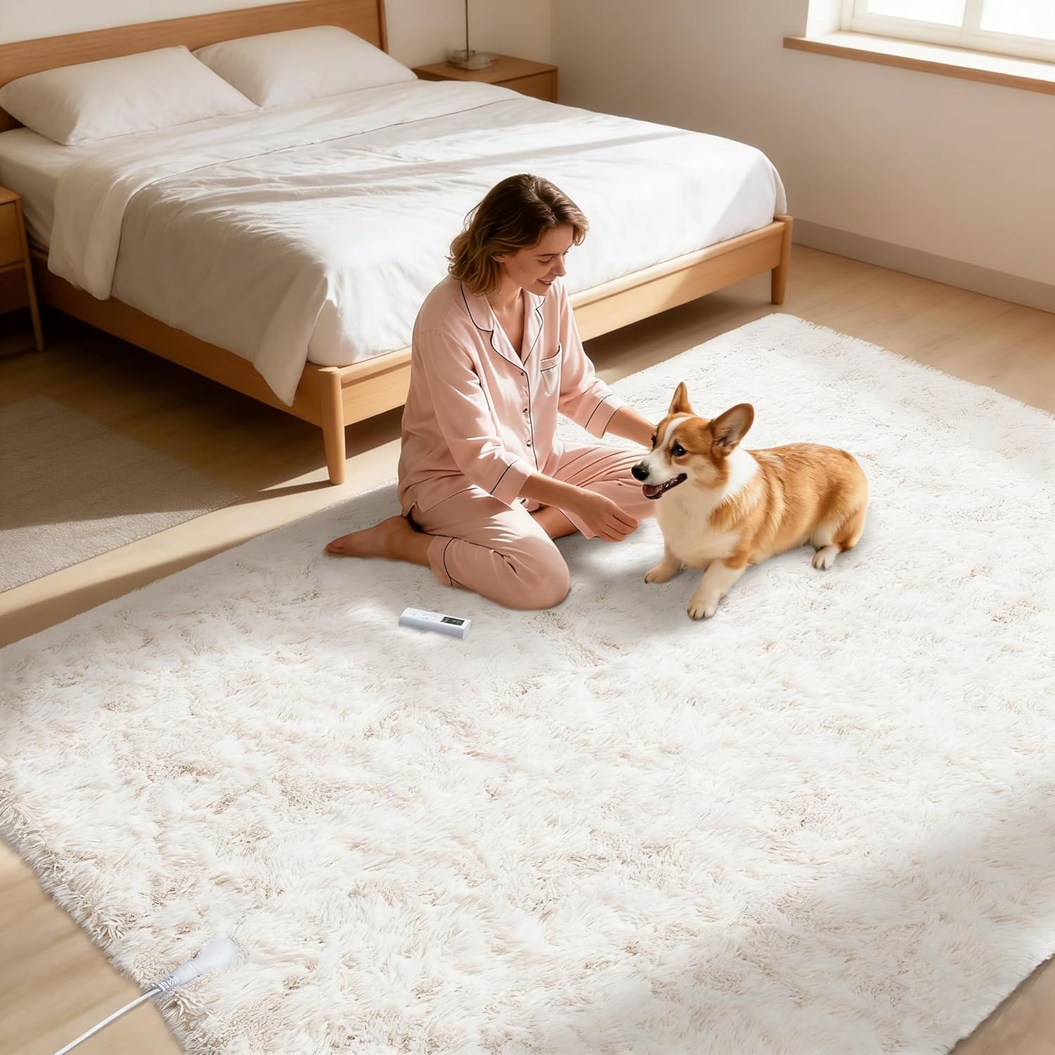 Garvee Wireless Heated Floor Mat 5x7, Electric Heated Rug with 6 Heat Settings & 2-10H Timer, Soft Plush Heating Mat Carpet Foot Warmer for Living Room Bedroom Office Game Room, Cream