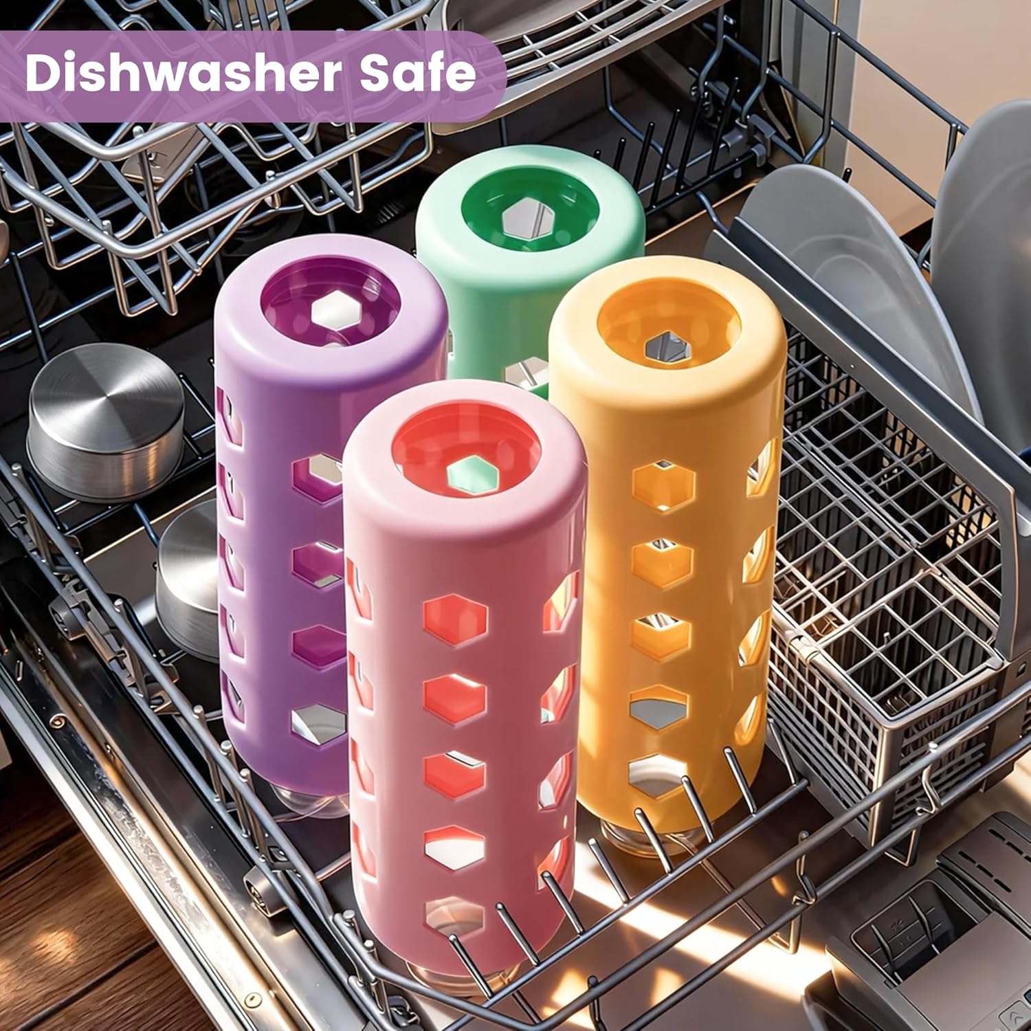 Glass Juice Bottles with Lids and Silicone Sleeves 18 oz, 4-Pack Reusable Clear Glass Water Bottles with Stainless Steel Airtight Cap for Juicing, Refrigerator, BPA Free Leak-Proof Drinking Jar - Image 6