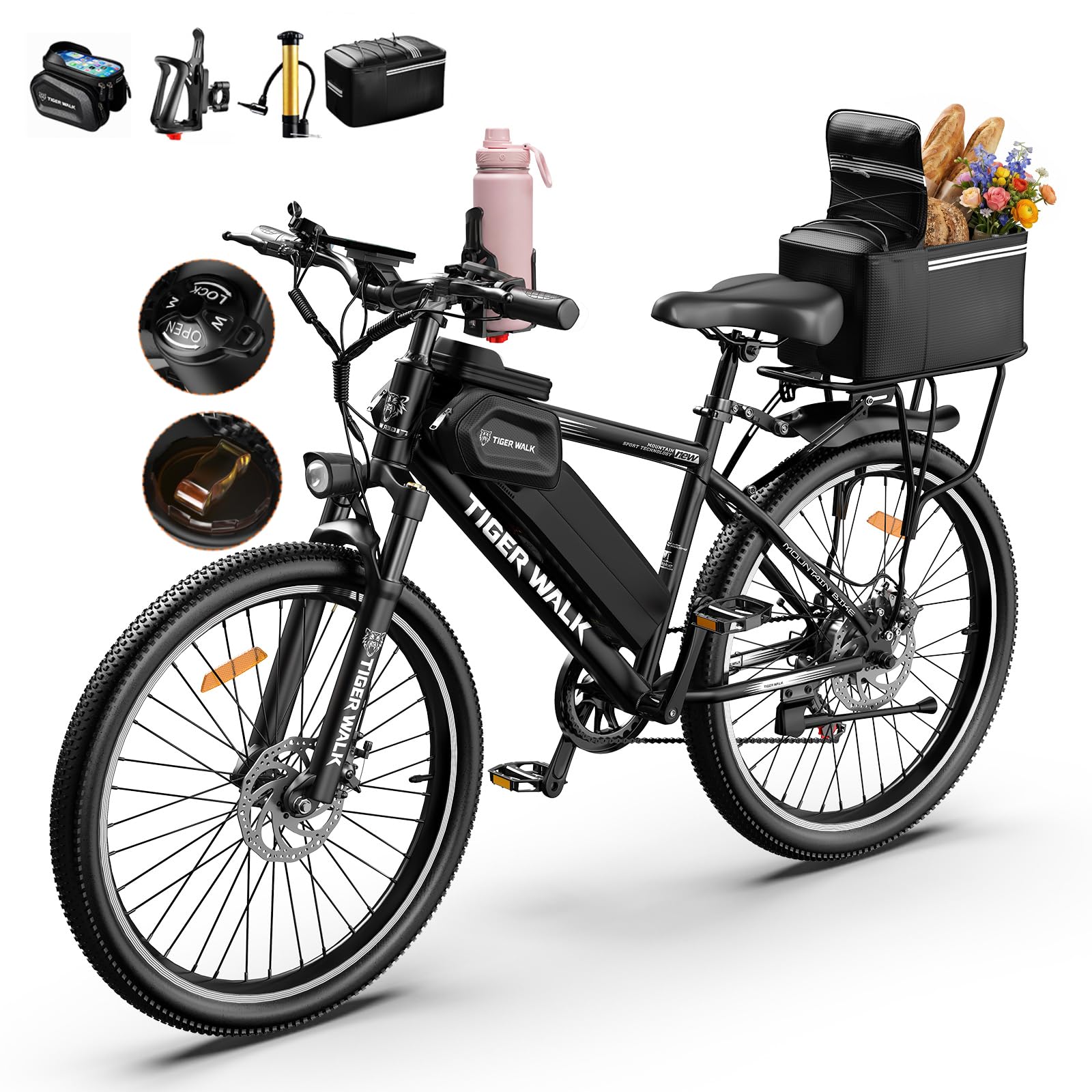 TigerWalk Adult Electric Bike, Peak 1000W Ebike, 48V 10AH Removable Battery, 45 Miles PAS Range, Lockable Suspension Fork, 26