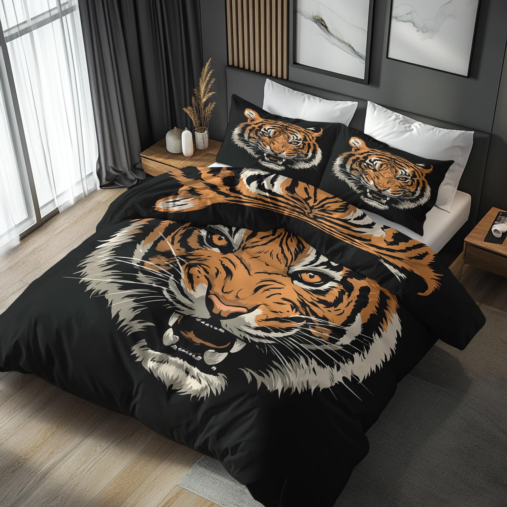 Nogawa Black Brown Tiger Bedding Double - Tiger Duvet Cover Double, Reversible Quilt Cover & 2 Pillowcases With Zip And Ties, Ultra Soft And Breathable Brushed Microfibre Bed Set
