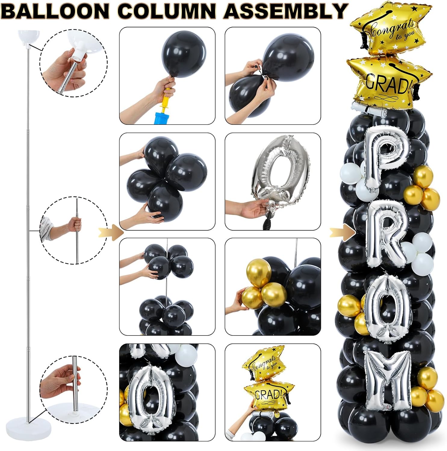 Hungdao 2 Set Prom 2026 Balloon Column Stand Kits with 174 Balloons 6.6ft Black Gold Balloon Tower Stand Kit with Base 2026 Graduation Adjustable Decorations for Grad Party Decor Supplies