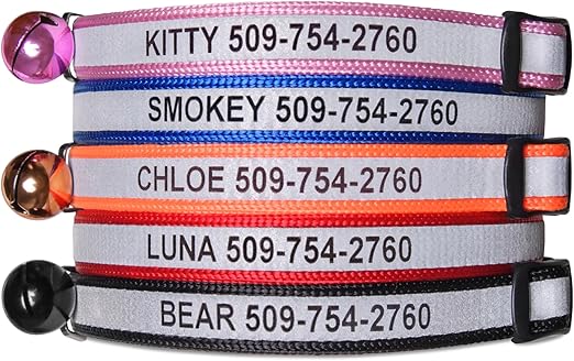GoTags Personalized Reflective Cat Collars, Engraved Custom Cat Collar with Name and Phone Identification, Breakaway Collar with Safety Release Buckle and Bell, Adjustable for Cats and Kitten, (Black)