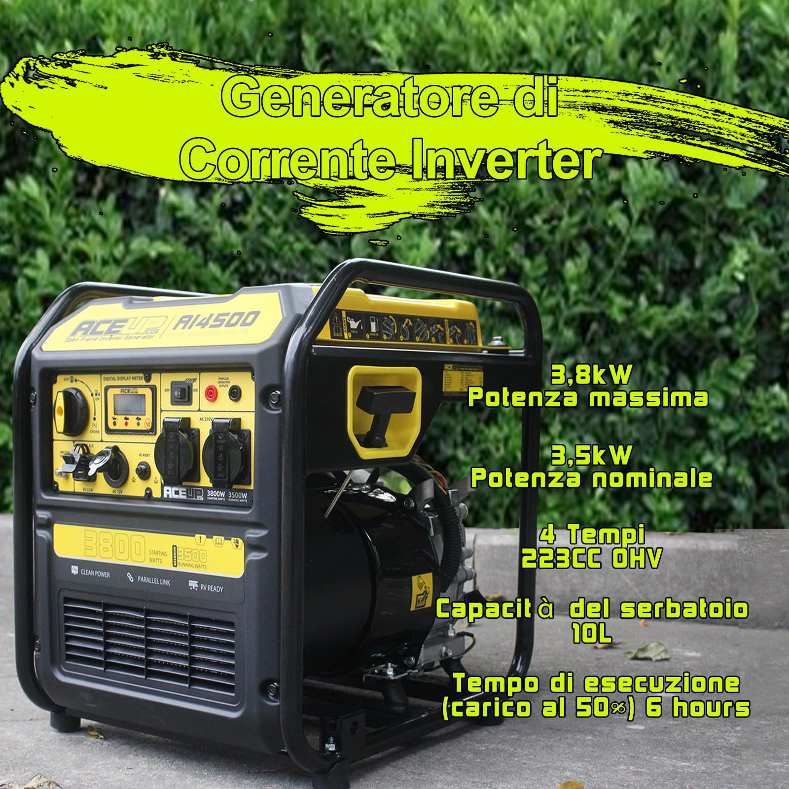 Aceup Energy 3800 Watt Generatore di Corrente Generatore Inverter a Benzina con 2 prese 230V 4 tempi