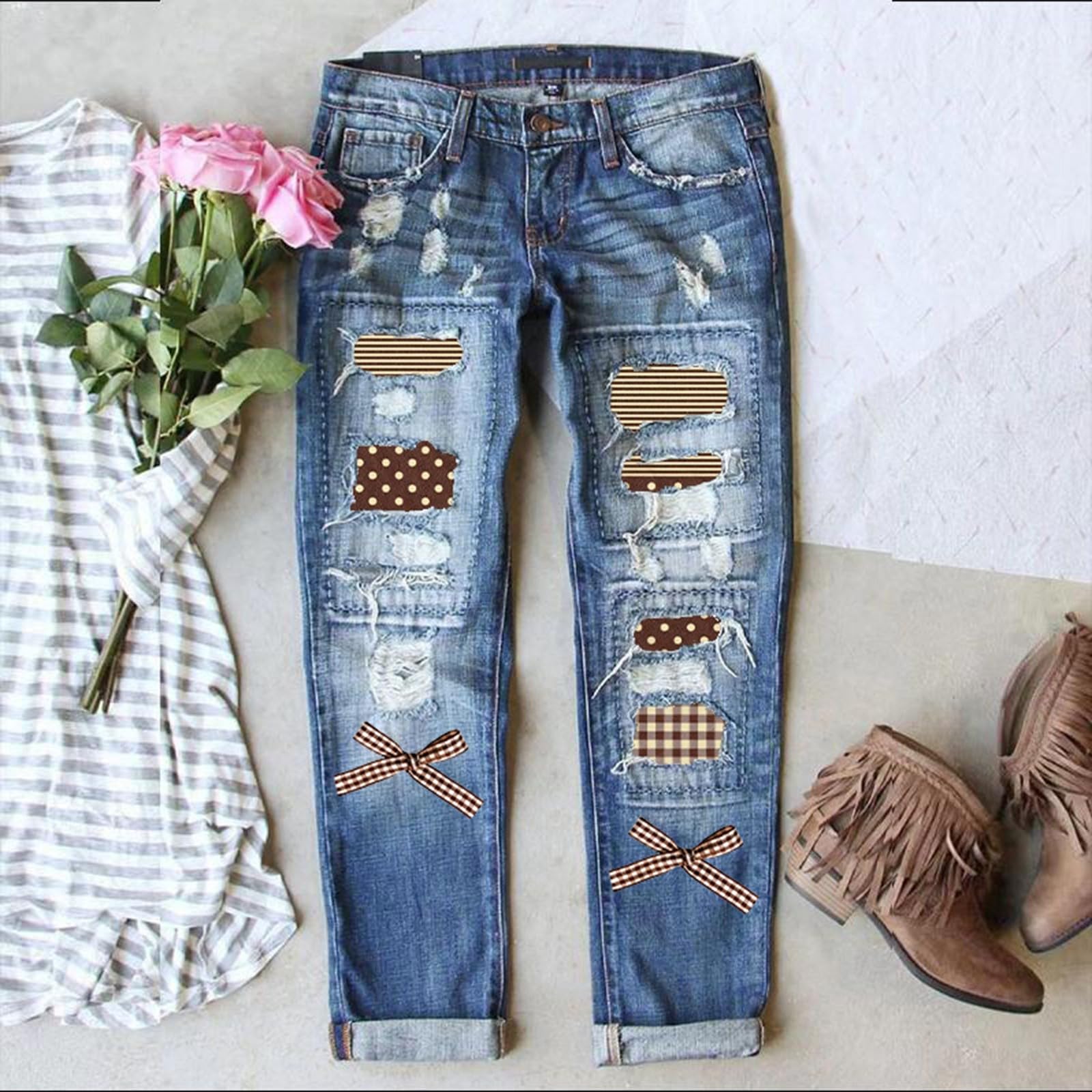 Genérico Vaqueros Mujer Elasticos Elásticos Bolsillos Pantalones Invierno Bootcut Mezclillas Cintura Deportes Campana Elefante Tiro Medio Pierna Recta Cómodos Roturas Rodilla Estampado Floral