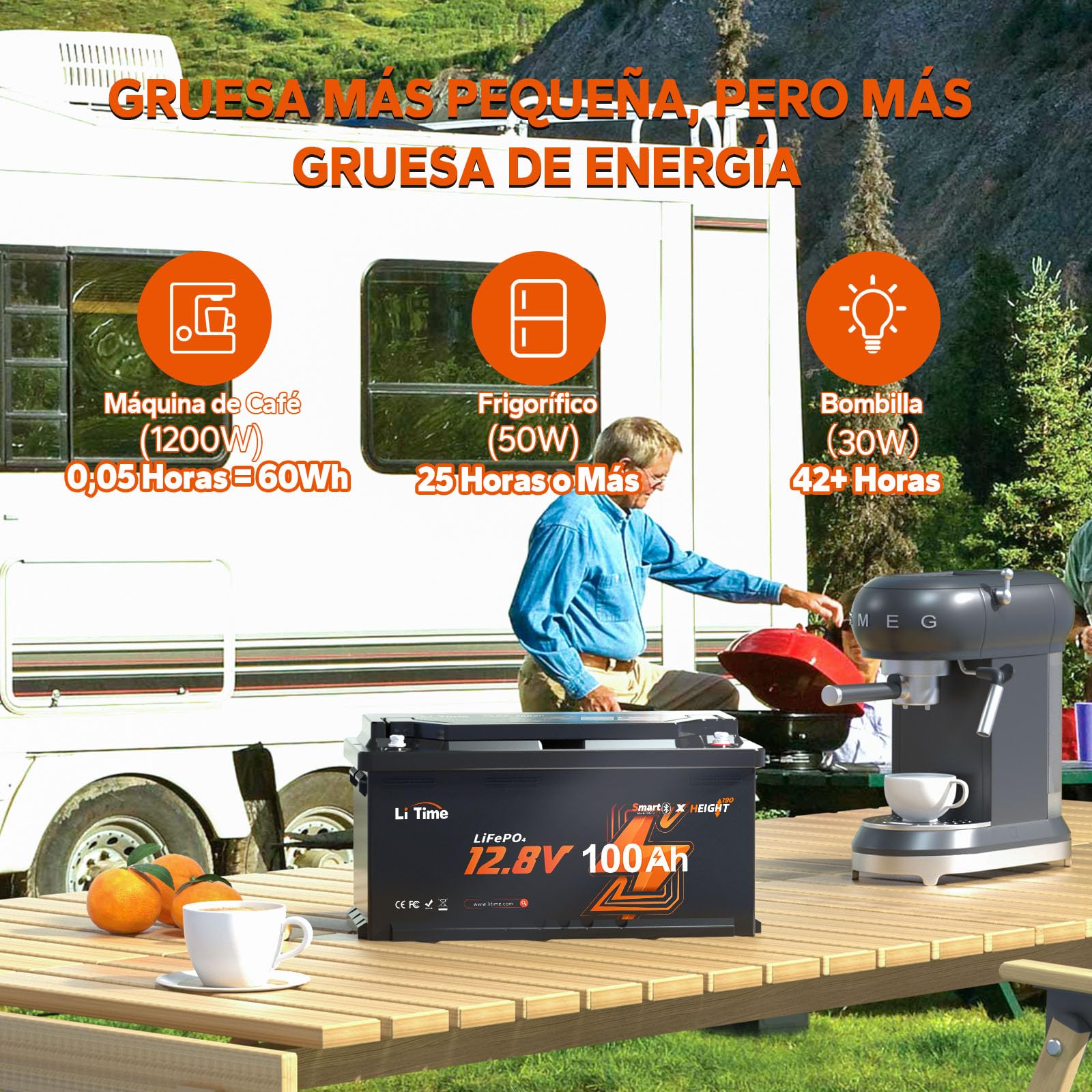 LiTime 12V 100Ah H190 Batería Lifepo4, Bateria Litio 12V con Bluetooth,100A BMS y Protección Baja Temperatura, 4000+ Ciclos, Batería Lifepo4 para Caravana, Barco, Energía de Respaldo, Sistemas Solares