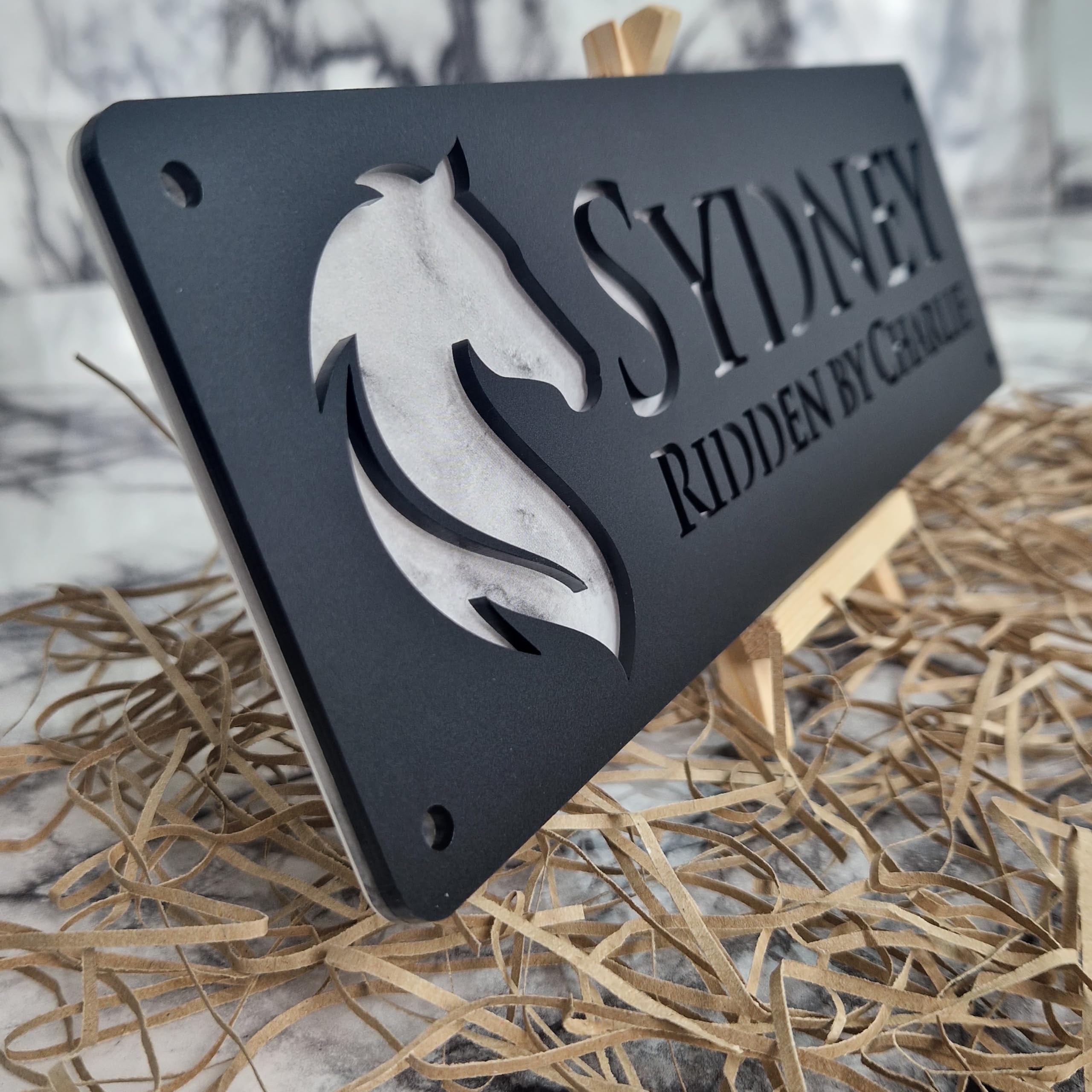 White Marble and Black Personalised Horse stable Pony laser cut name door plate sign (L6-Elegant Head)