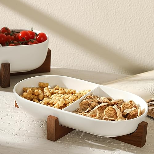 AYUCIA Cuenco para servir con base decorativa de acacia, cuenco de frutas, cuenc