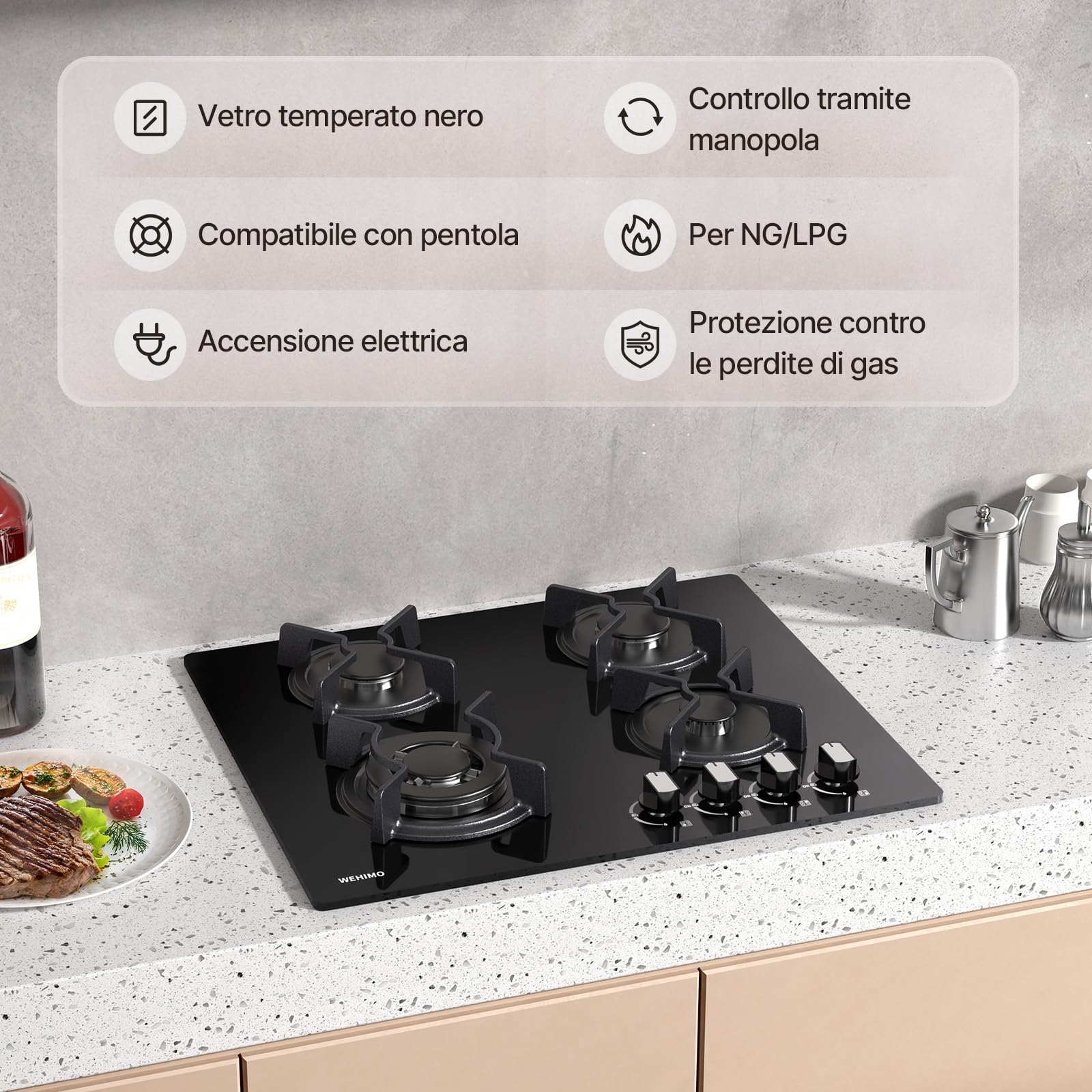 WEHIMO Piano Cottura a Gas 4 Fuochi da Incasso, 60cm, 7800W, Protezione Flame-Out, Gas Naturale/Propano/Butano, Vetro Nero