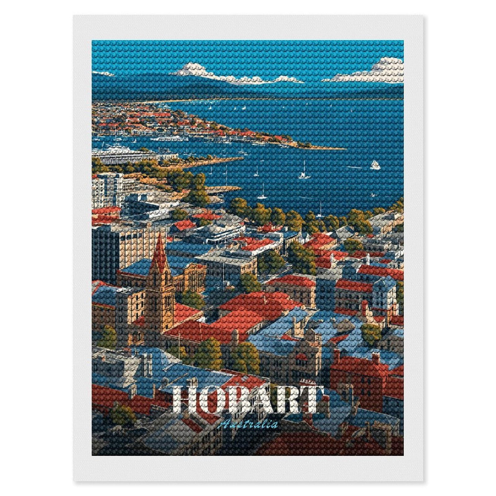 Junmoney Hobart, Australia Cityscape Diamond Art Kit 12"x16", Neat Printed Canvas, Finish and Display, Relaxing DIY Hobby, Living Room Decor