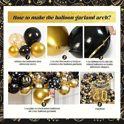 Miniatura 3 de FOTIOMRG Arco de globos de 40 cumpleaños con guirnalda de globos negros y dorados, pancarta de feliz cumpleaños, globo de aluminio para decoraciones
