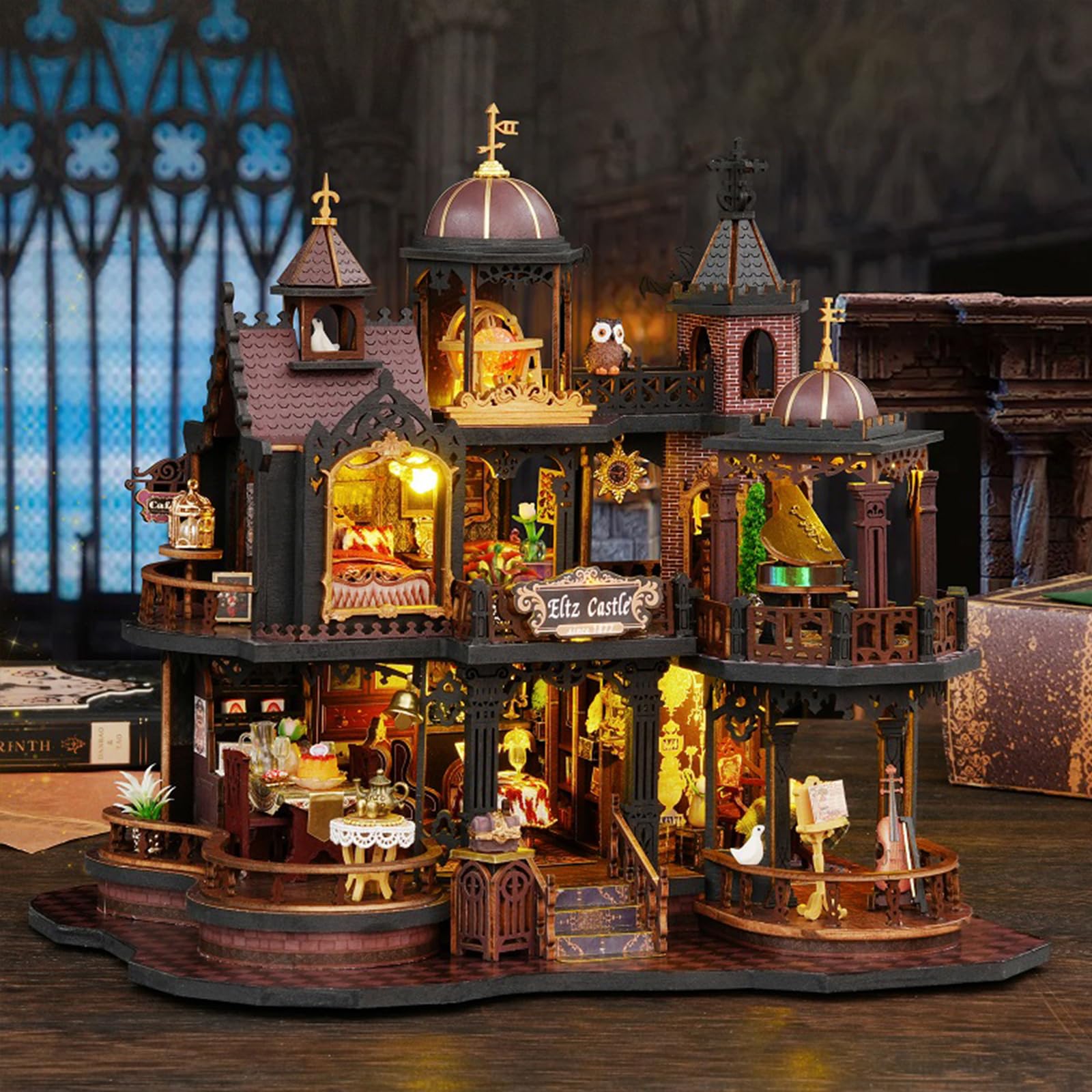 Kit fai da te per casa delle bambole in miniatura, fatto a mano, mini casa delle bambole 3D con mobili e luce calda a LED, kit di mobili in legno, decorazione per libri, libreria, idea regalo per