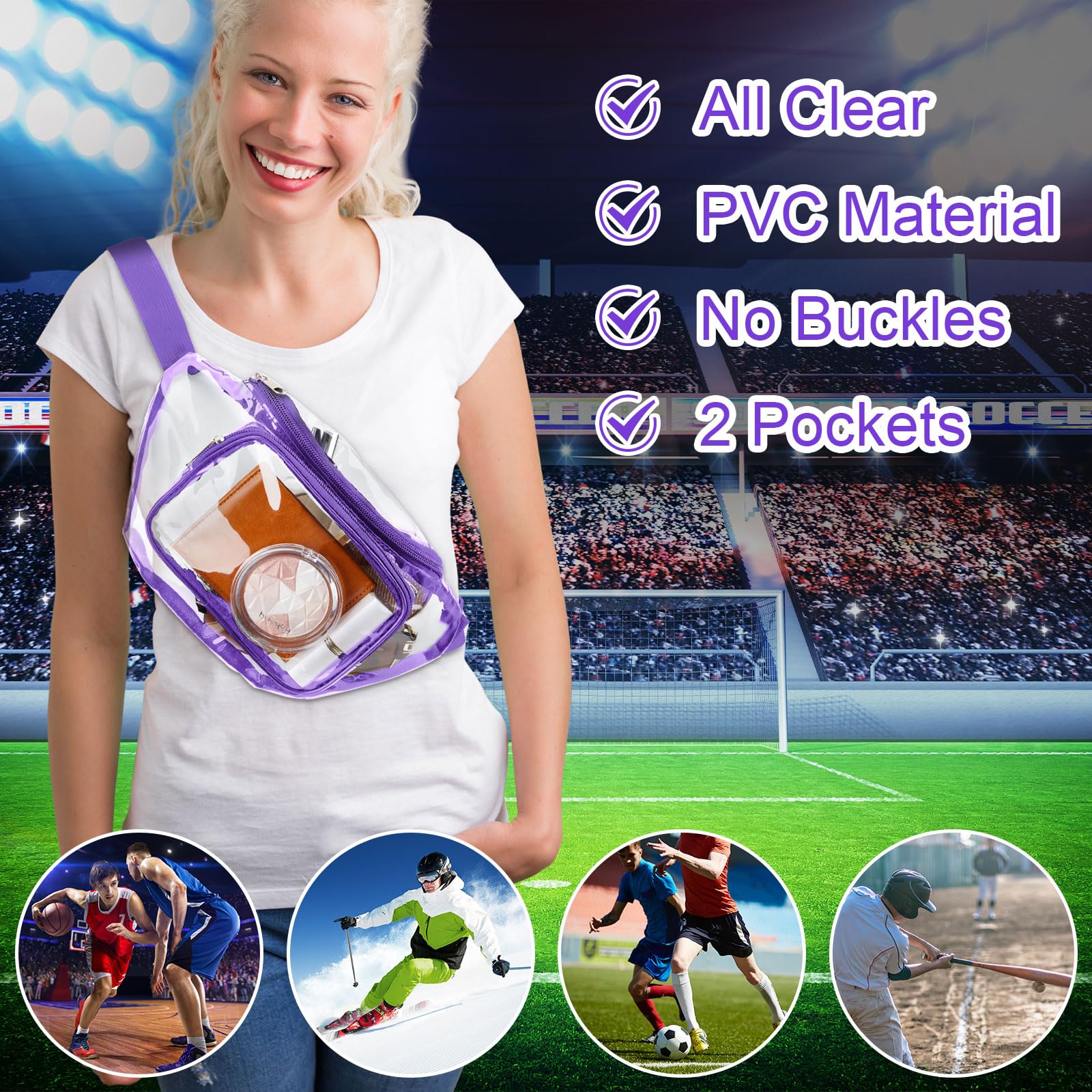 Reginary 24 transparente Bauchtaschen für Damen und Herren, Bauchtasche, Stadiongenehmigt, transparente Tasche, wasserdicht, Geldbörse, verstellbare Gürteltasche für Festivals, Spiele, Reisen, Violett